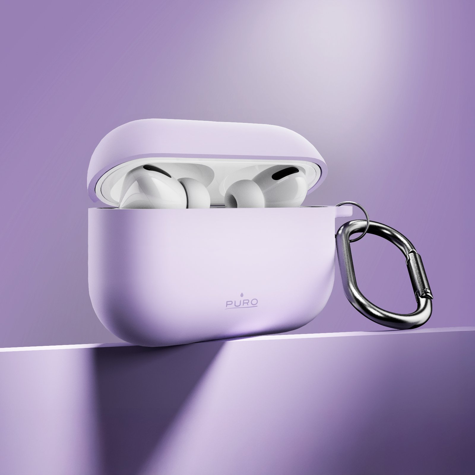 Estuche lavanda con auriculares blancos y clip plateado.