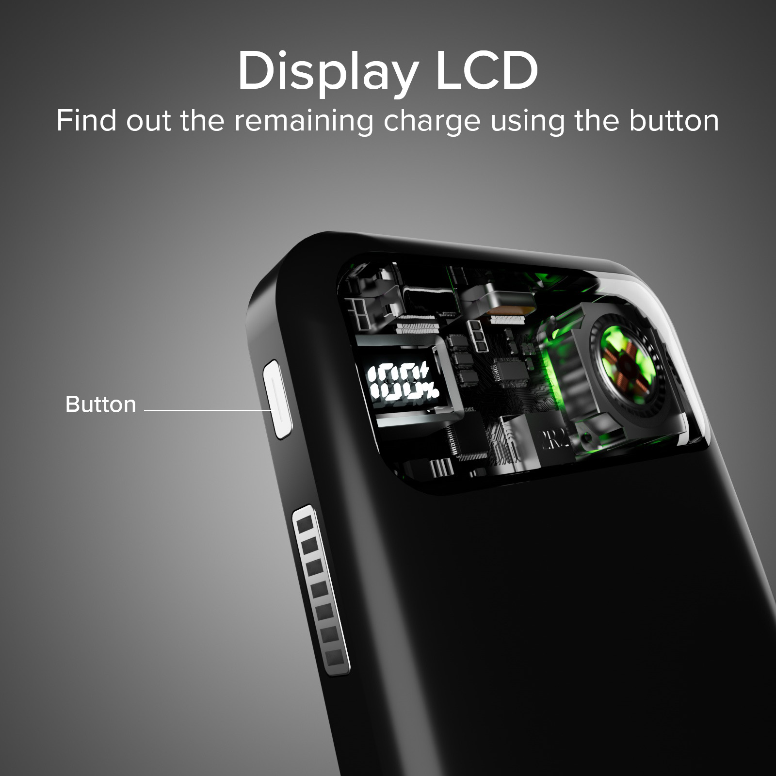 Dispositivo nero con circuito visibile, LCD mostra 100%.