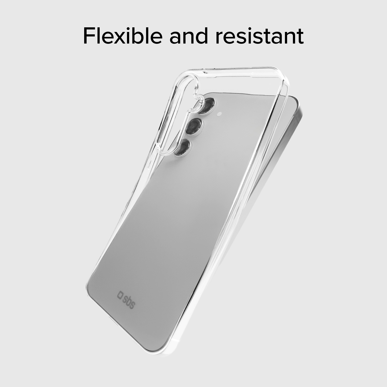 Una custodia trasparente per telefono su un telefono argentato con modulo fotocamera.