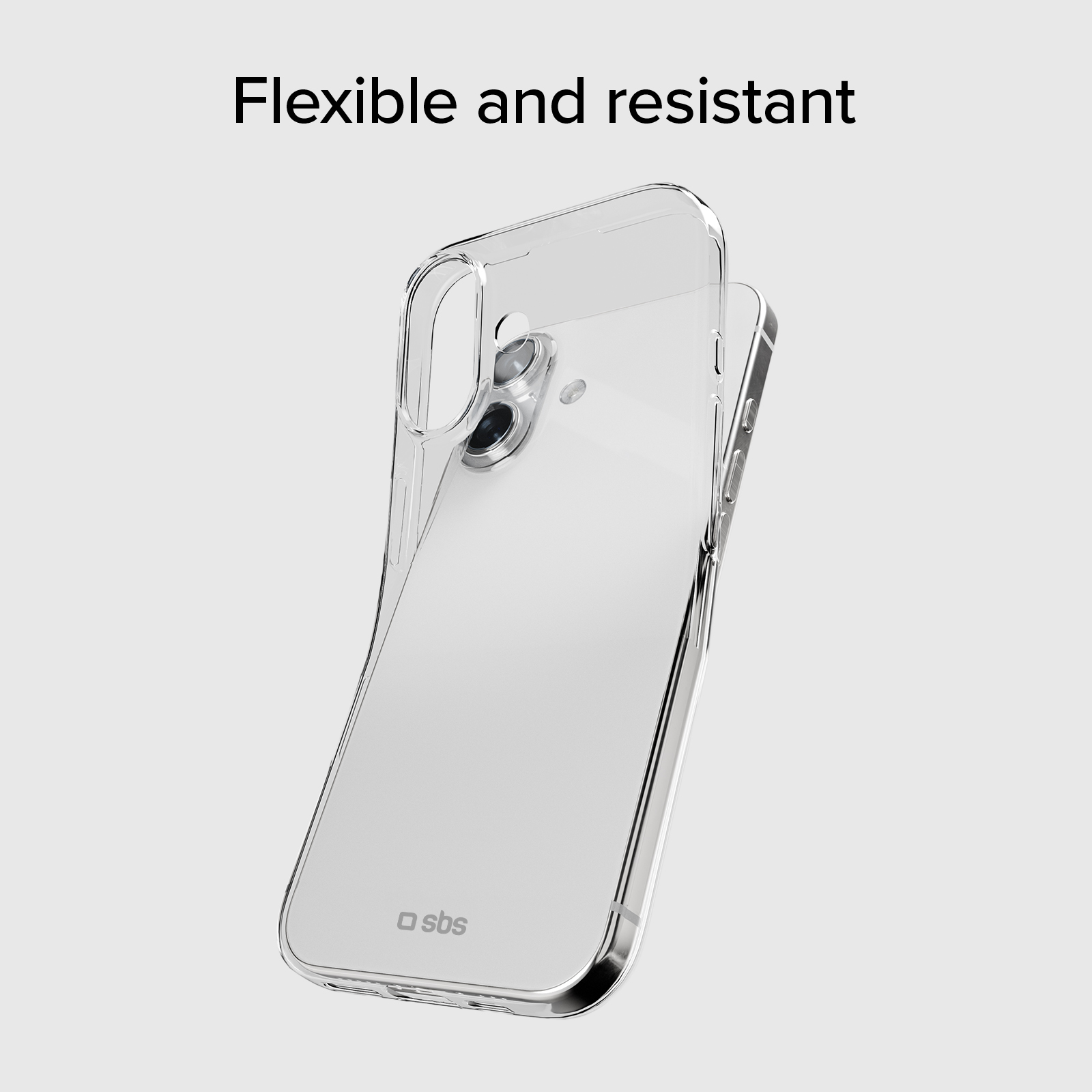 Przezroczyste etui na telefon z logo, na szarym tle.