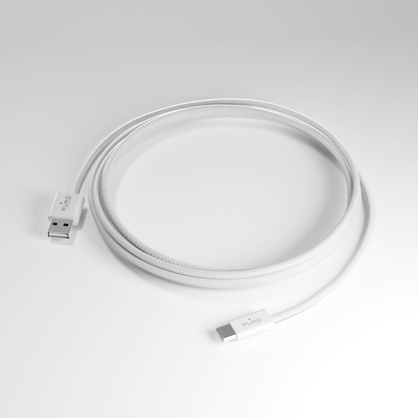 Un cavo USB-C bianco con logo PURO su entrambi i connettori.