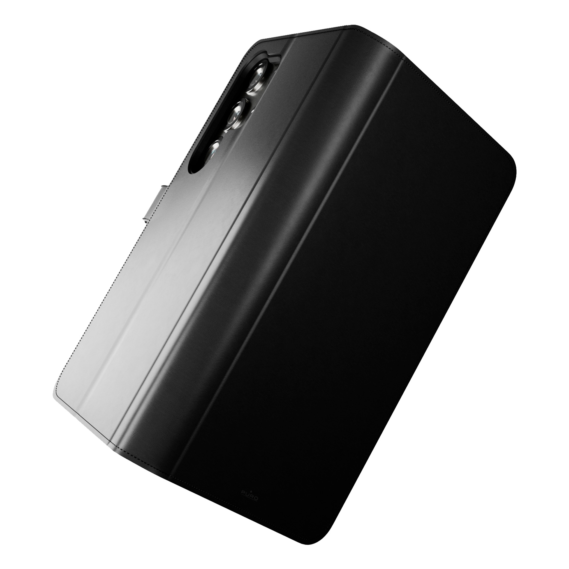 Custodia nera per smartphone con apertura fotocamera e cuciture.