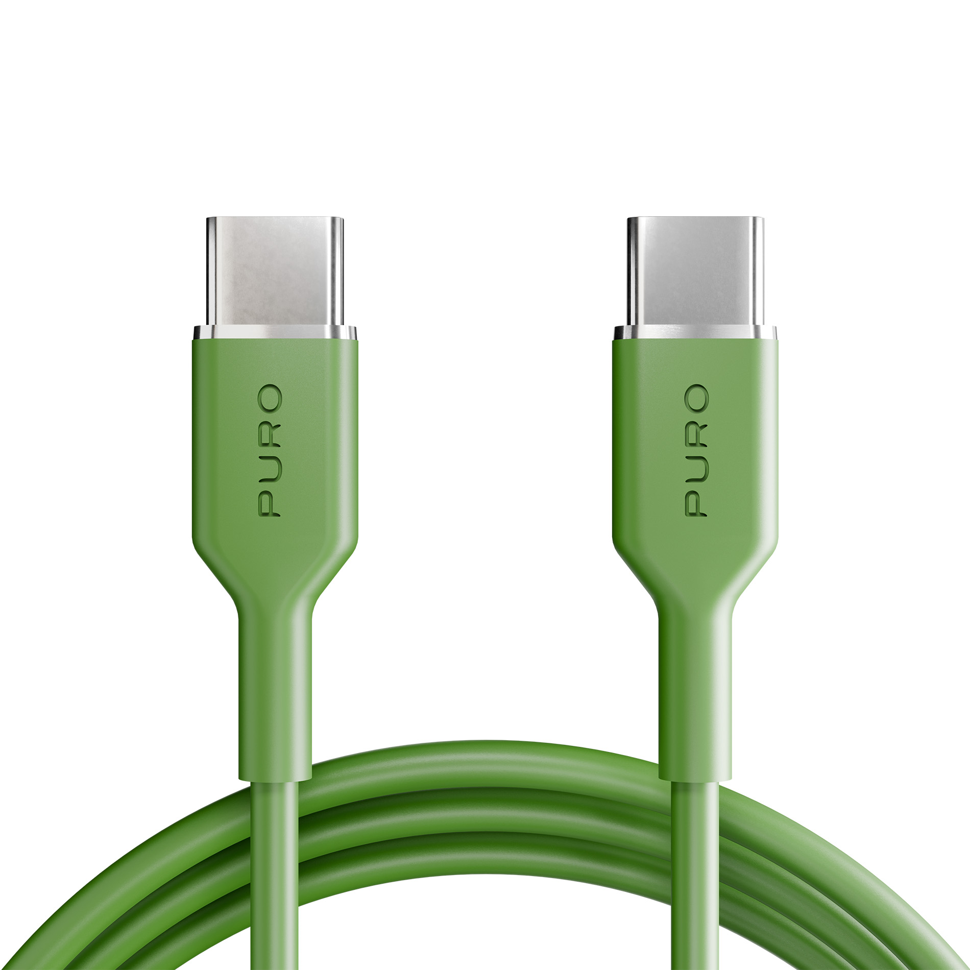 Due cavi USB-C verdi con connettori argentati su sfondo bianco.