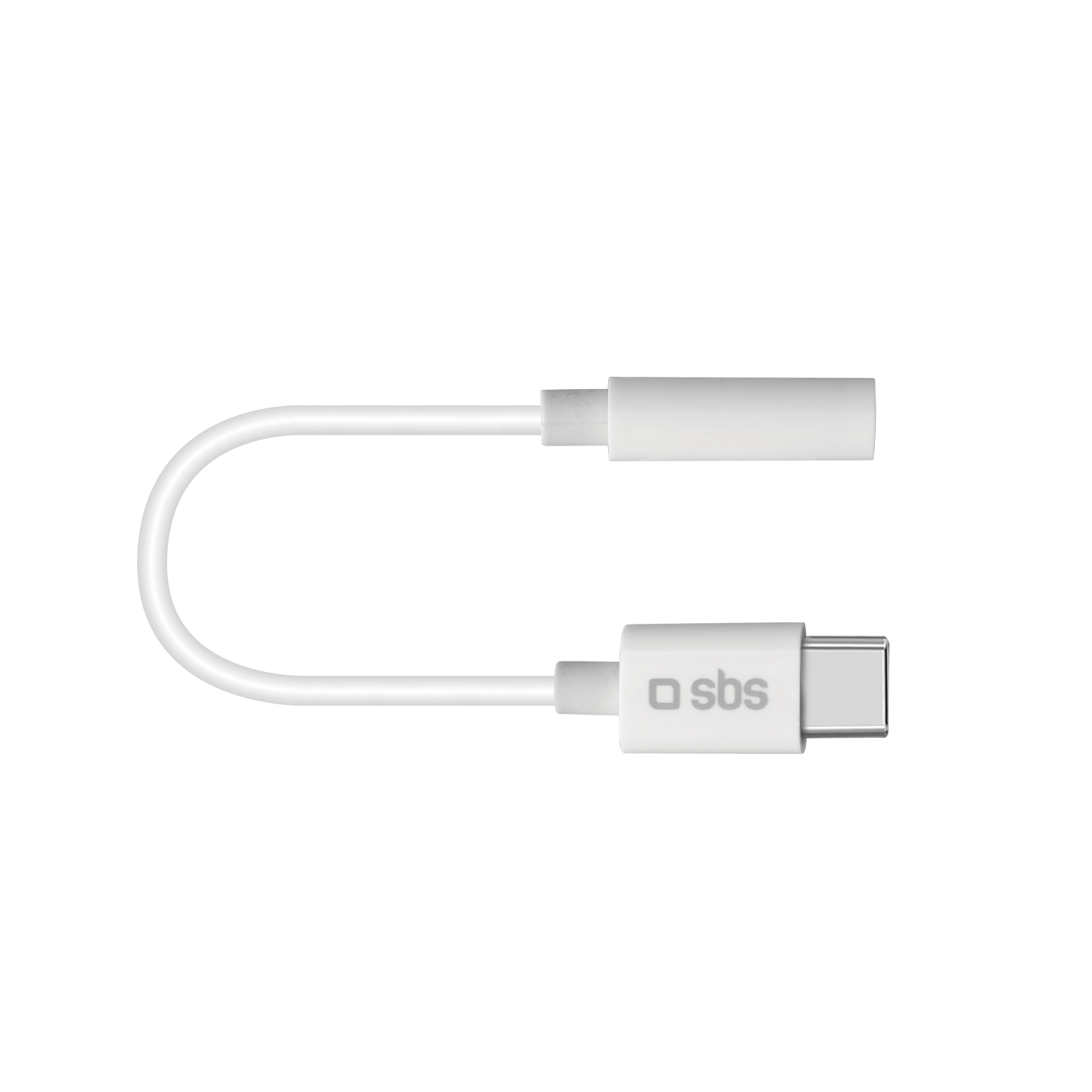 Un cavo bianco da USB-C a 3,5 mm con logo SBS.