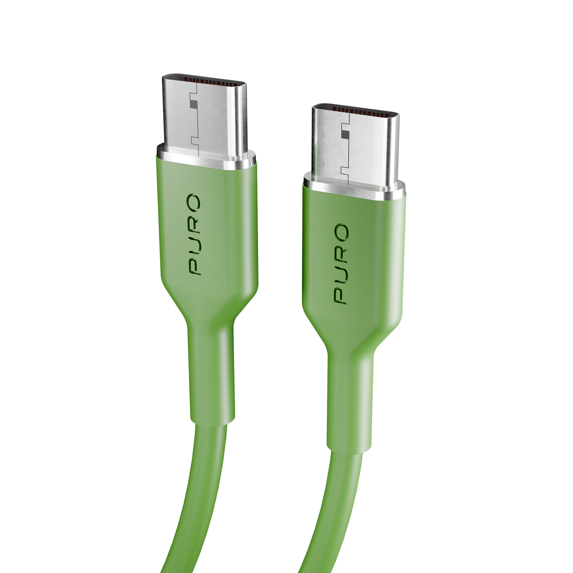 Due cavi USB-C verdi con connettori argentati su sfondo bianco.