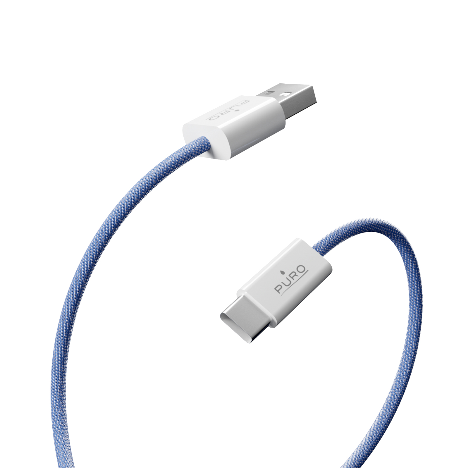 Un cavo USB-C blu con connettore bianco e spina USB-A.