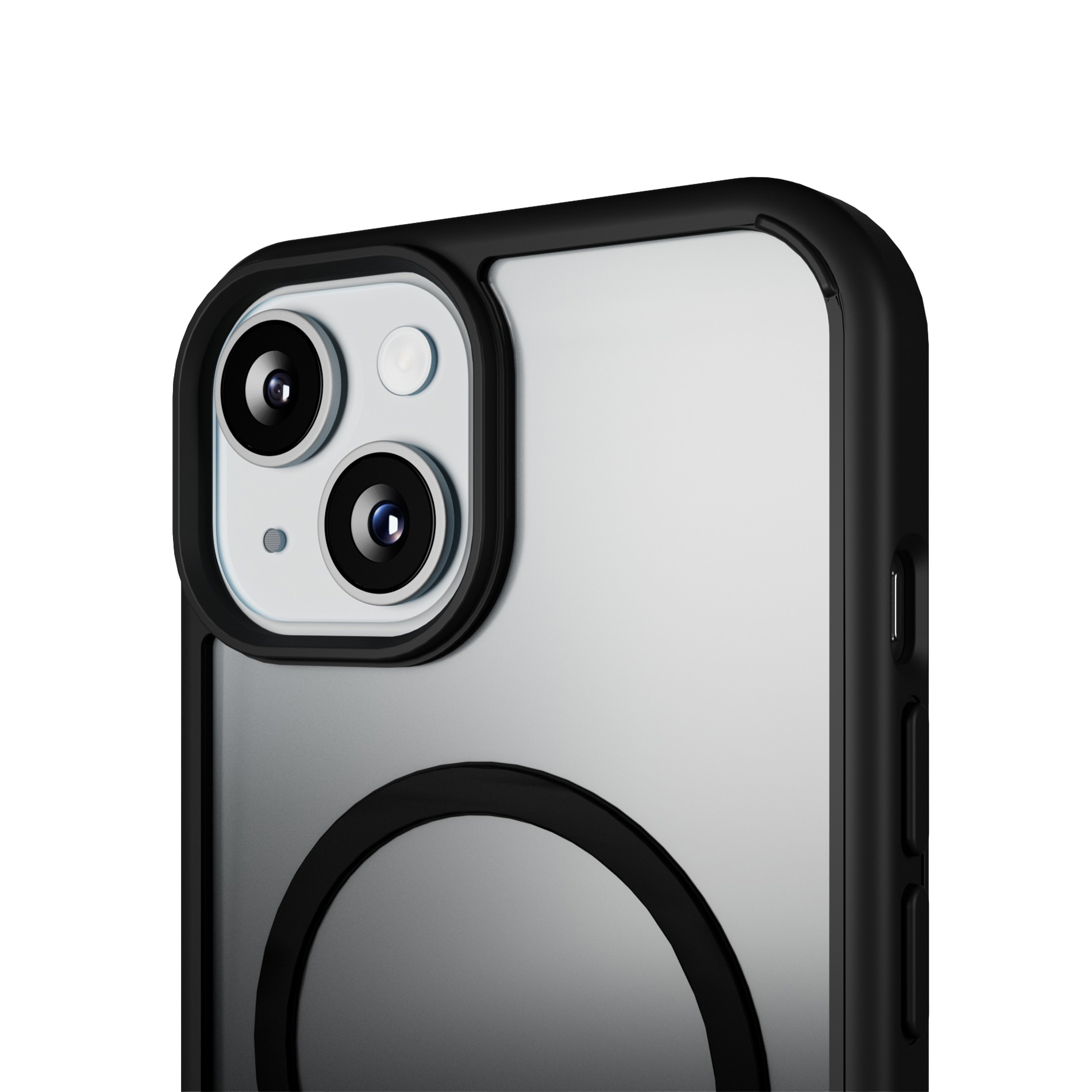 Una cover nera per telefono con modulo fotocamera e pulsanti visibili.