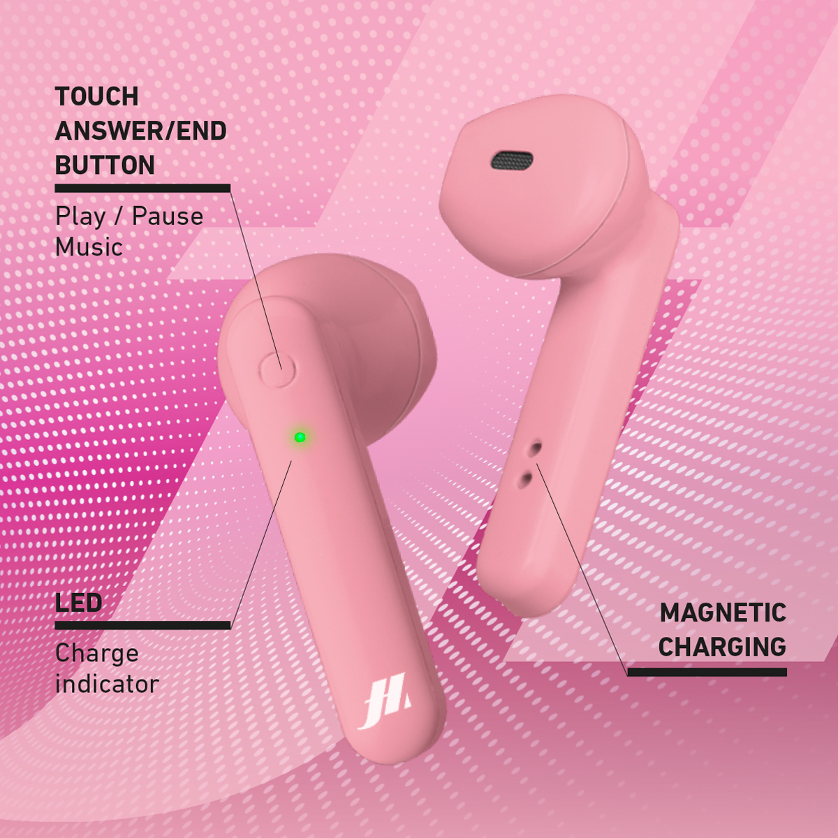 Due auricolari wireless rosa con controlli touch e indicatore di ricarica.