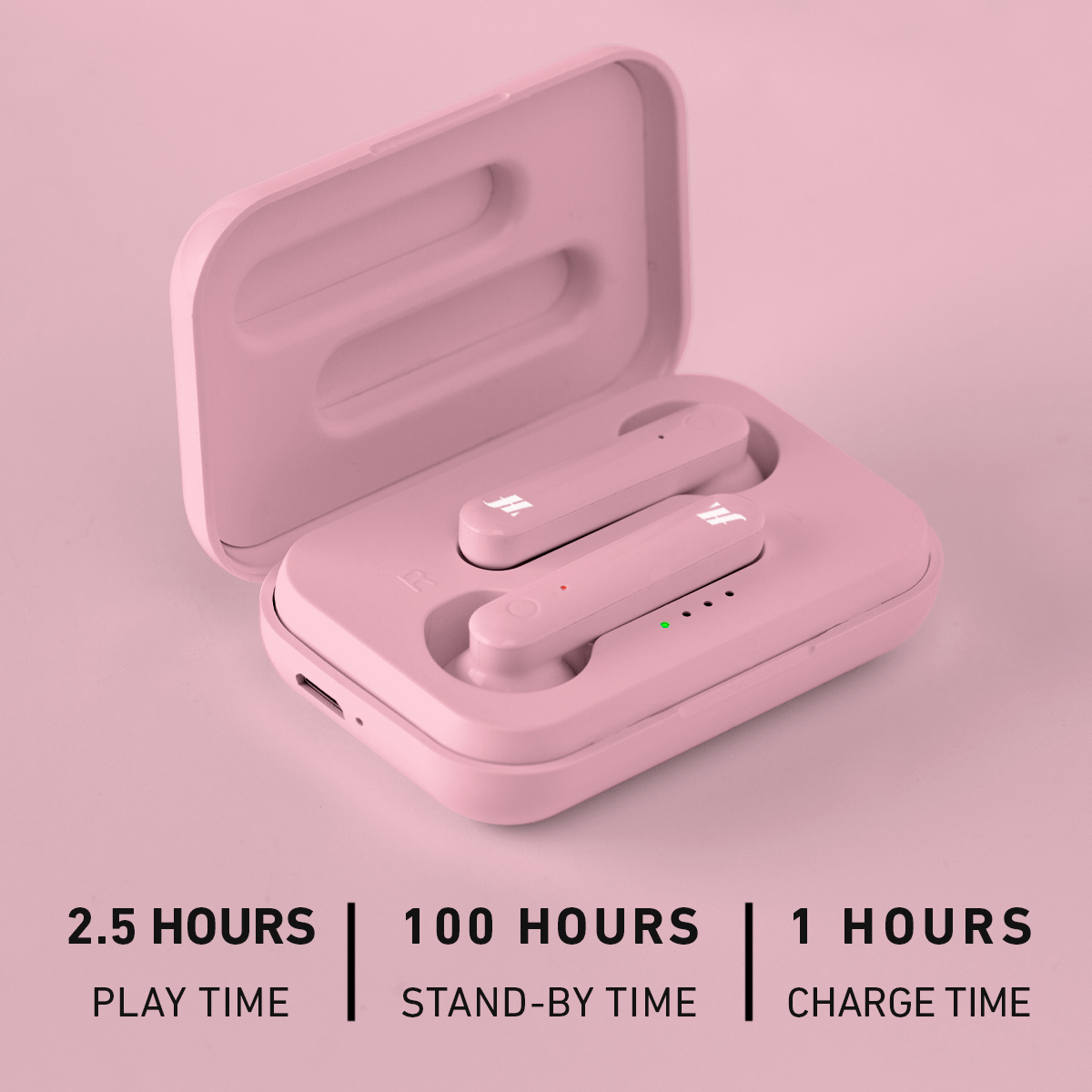 Auricolari rosa in custodia di ricarica. 2,5 ore riprod., 100 ore standby, 1 ora carica.