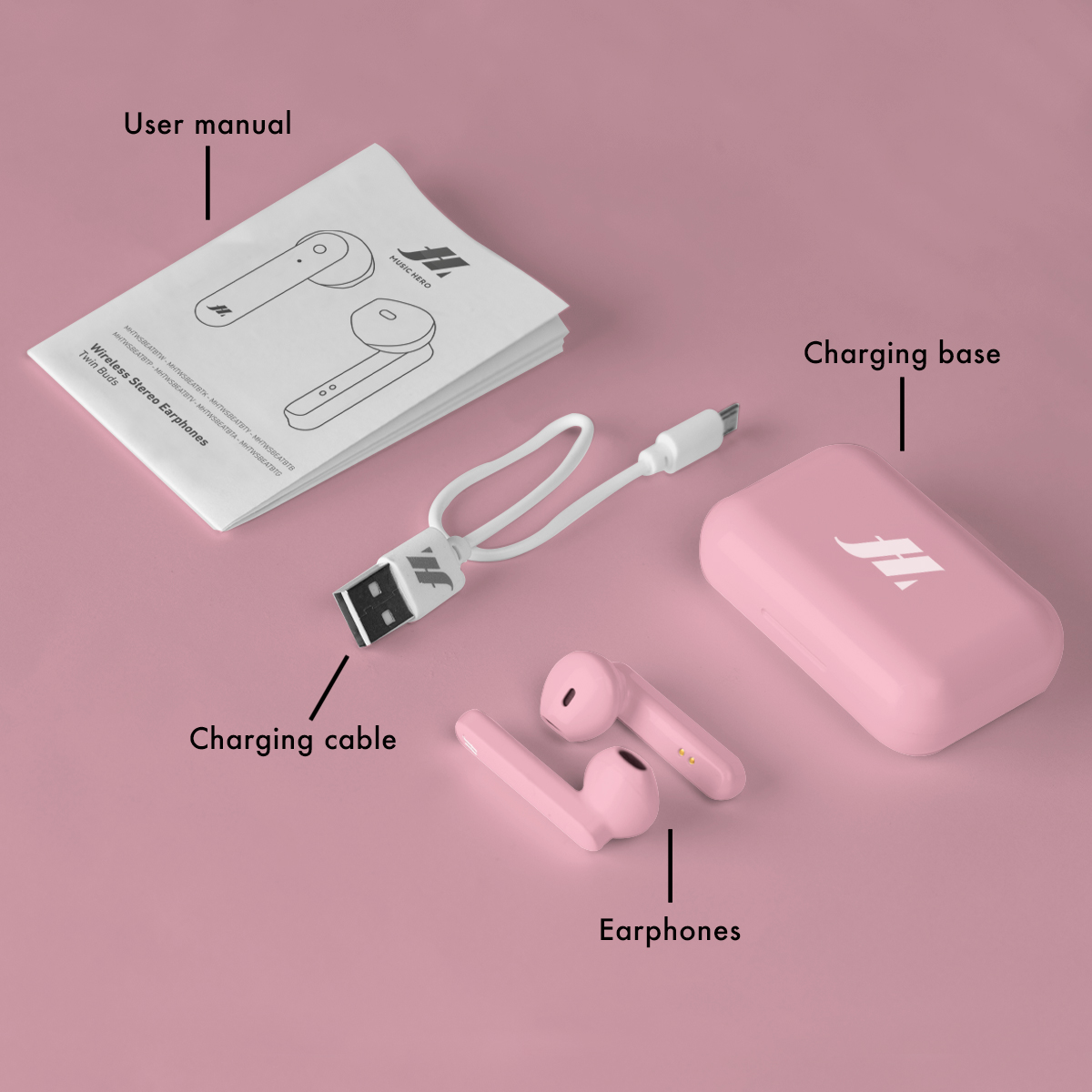 Una custodia di ricarica rosa con auricolari e cavo di ricarica accanto.