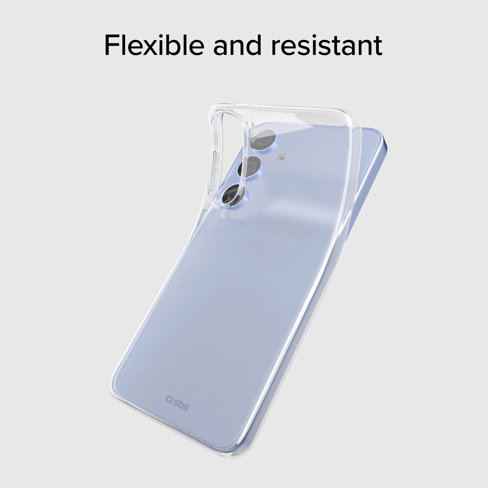 Una cover trasparente per telefono copre un telefono blu.