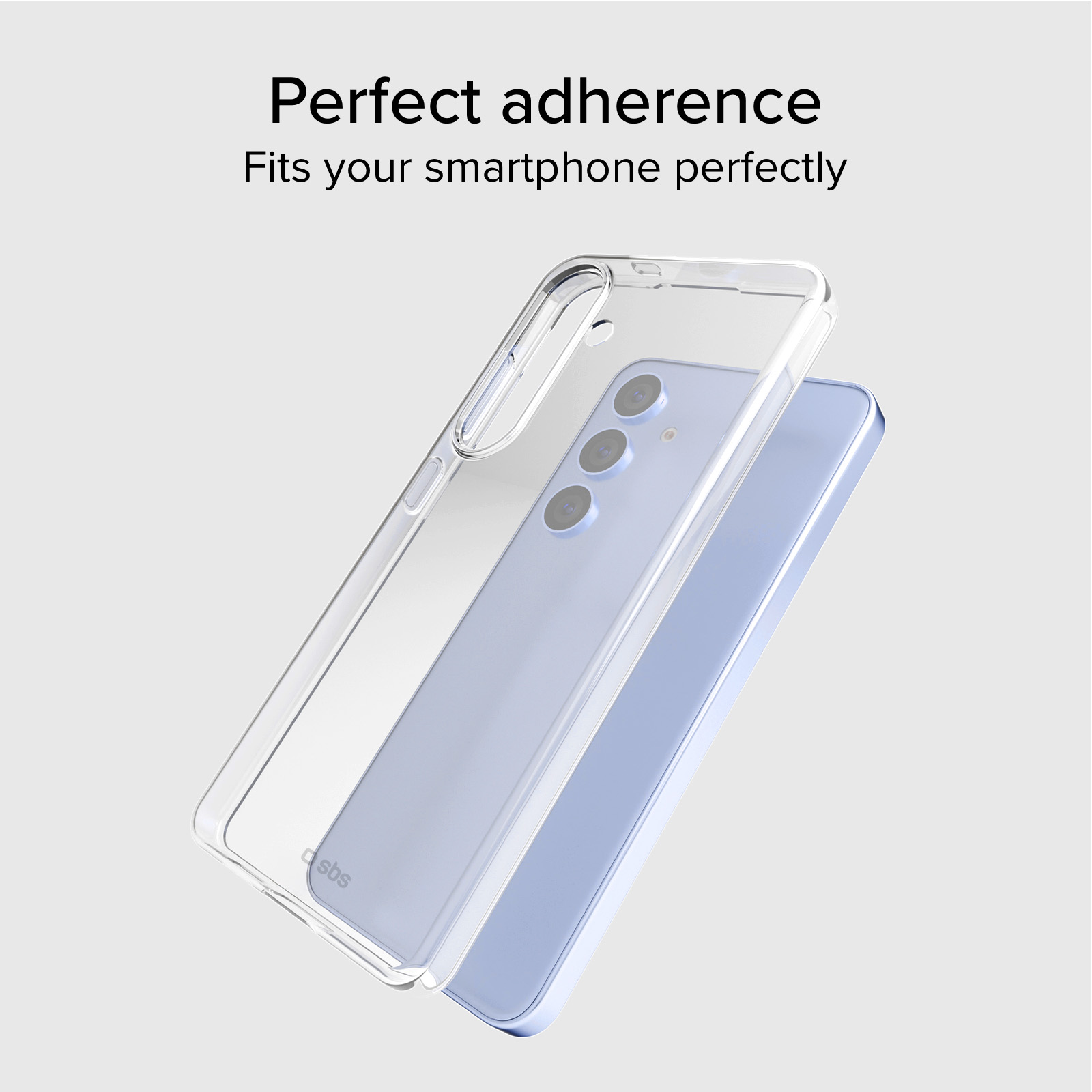 Una custodia trasparente su uno smartphone azzurro con tre fotocamere.