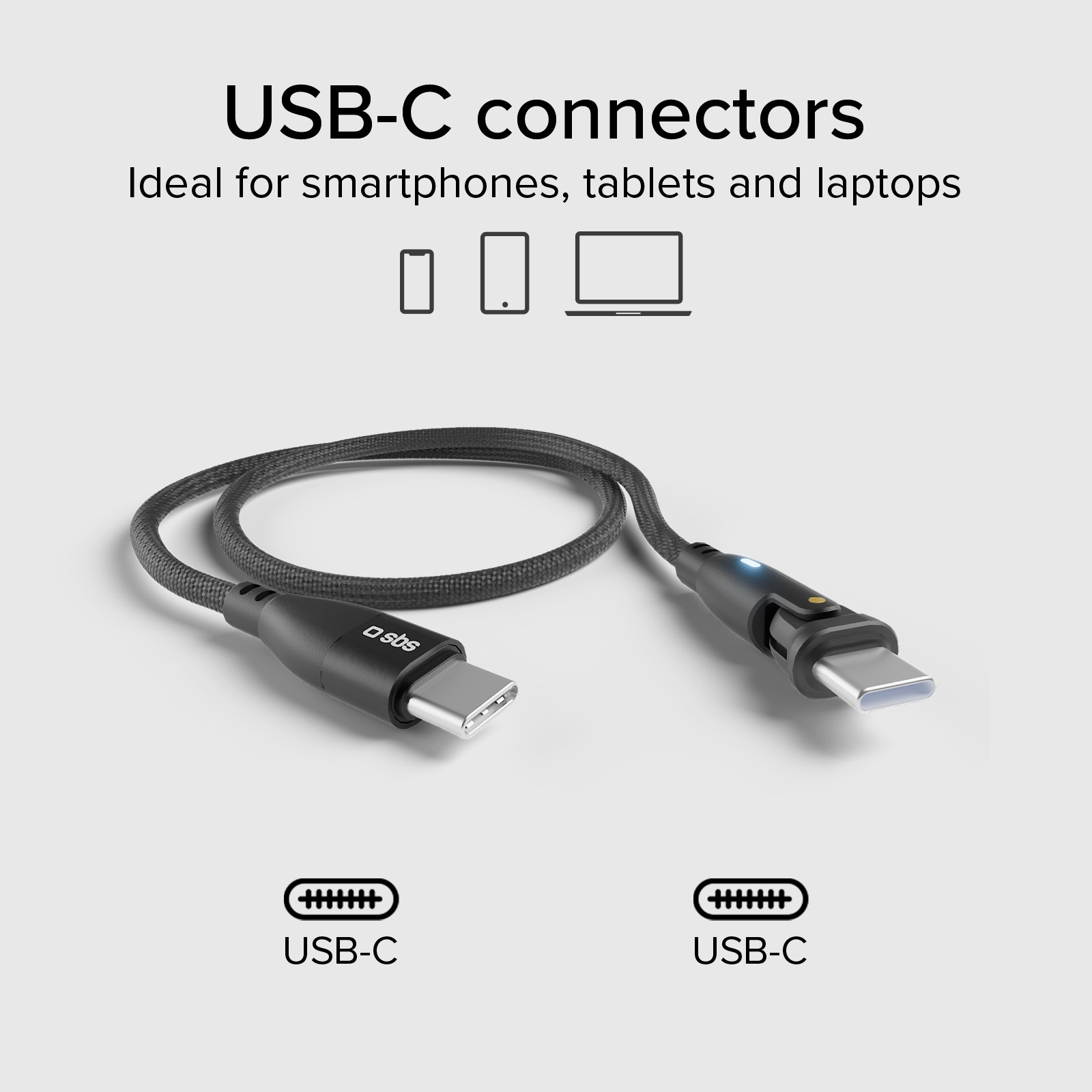 Un cable USB-C negro con dos conectores, ideal para dispositivos.