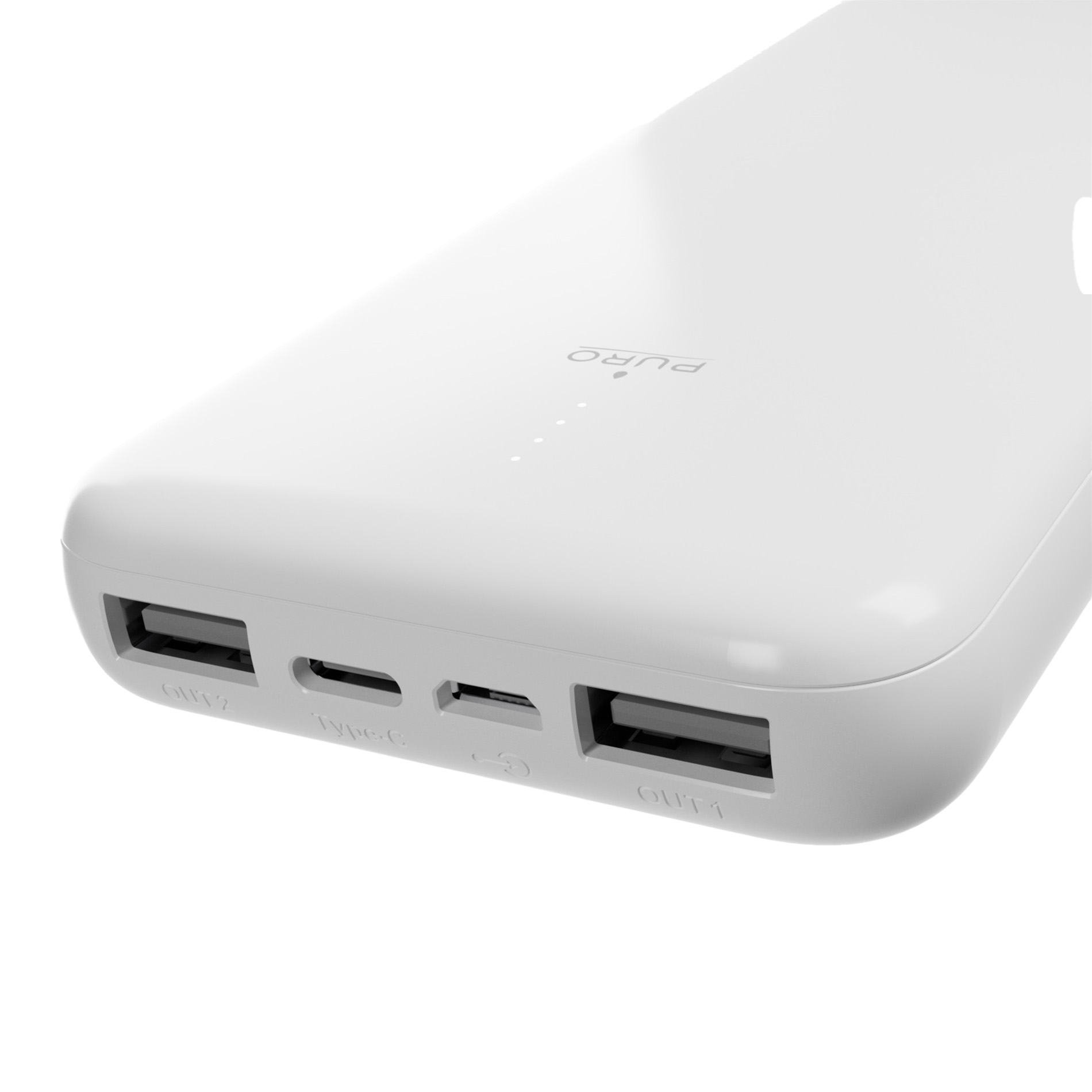 Un power bank bianco con due porte USB, una porta Type-C e spie di ricarica.