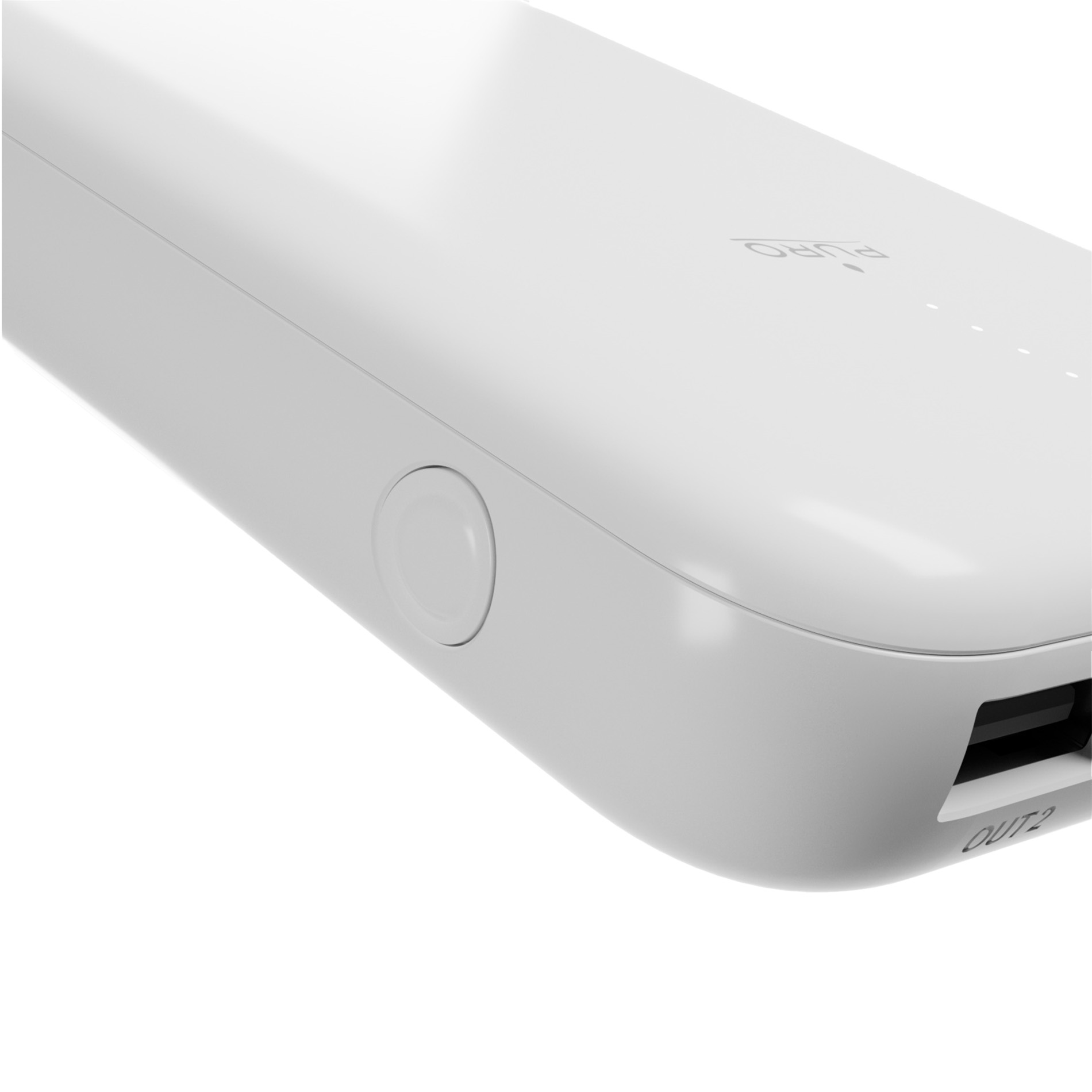 Un power bank bianco Puro con un pulsante e una porta USB.
