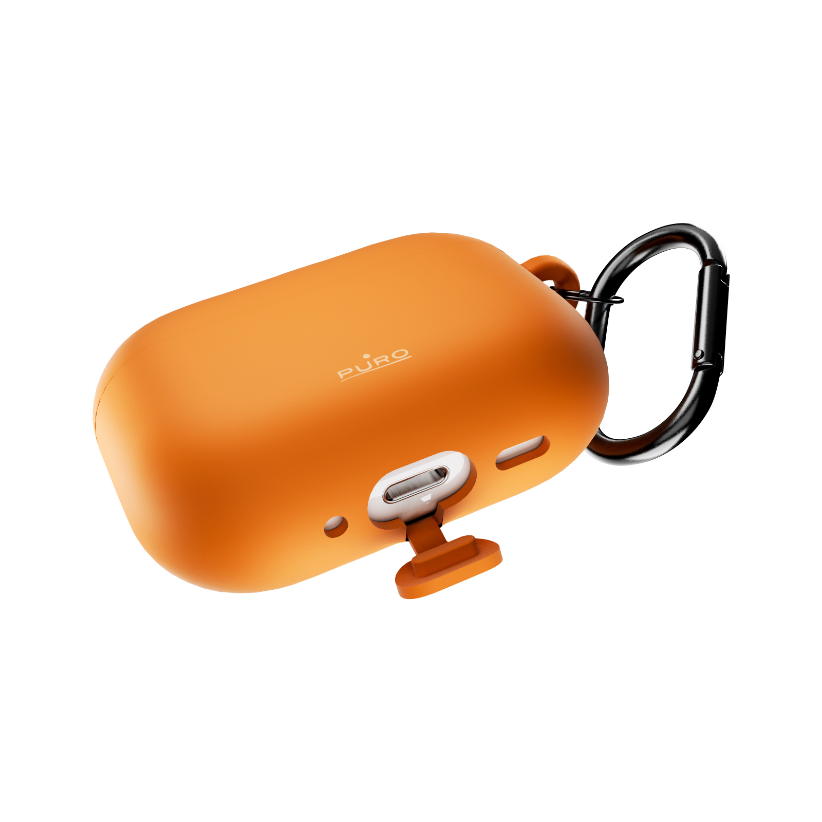 Orange Hülle mit Karabiner, Puro-Logo und Ladeanschluss.