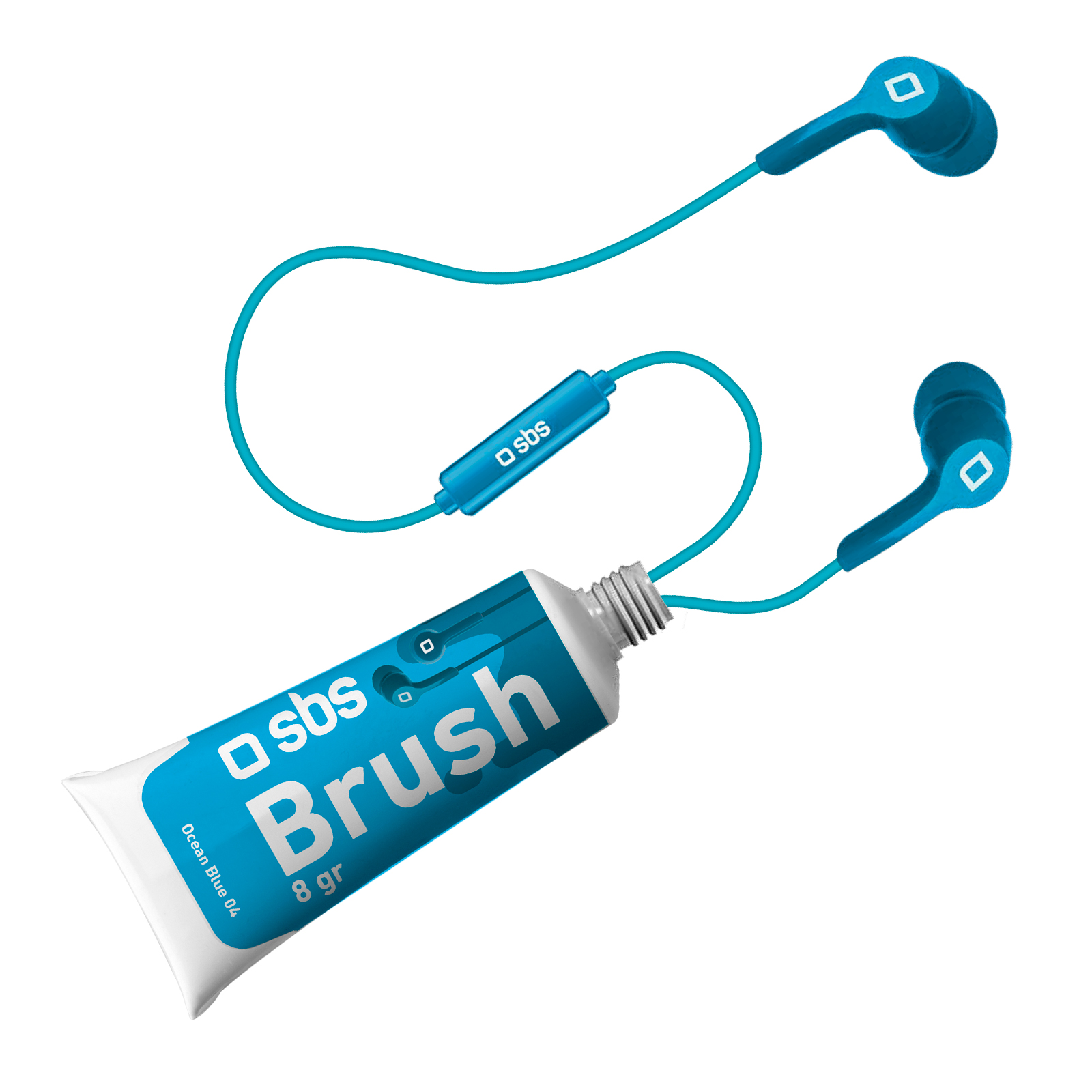 Auriculares azules conectados a un tubo de pasta de dientes azul.