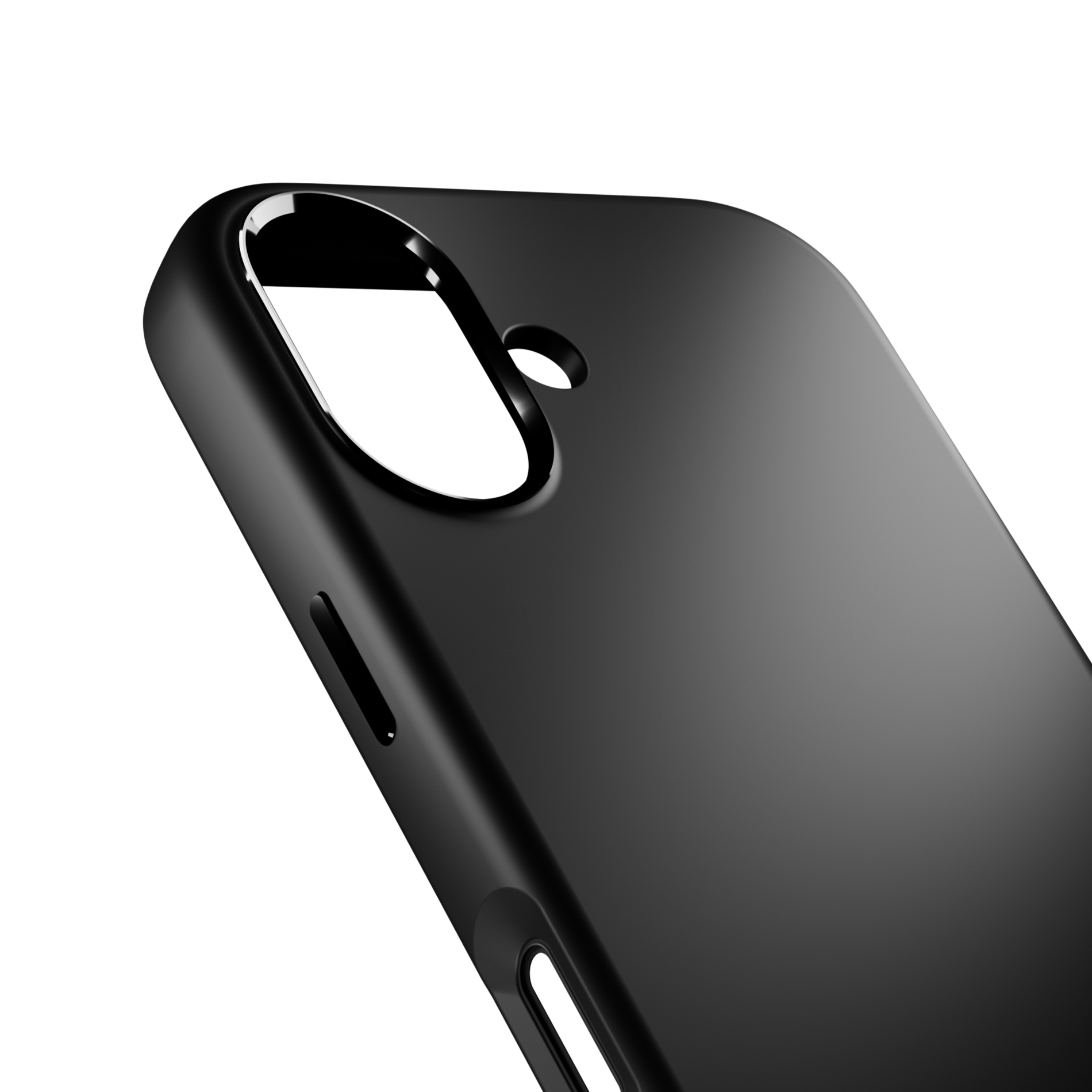 Custodia nera per telefono con ritagli per fotocamera e pulsanti, su sfondo bianco.