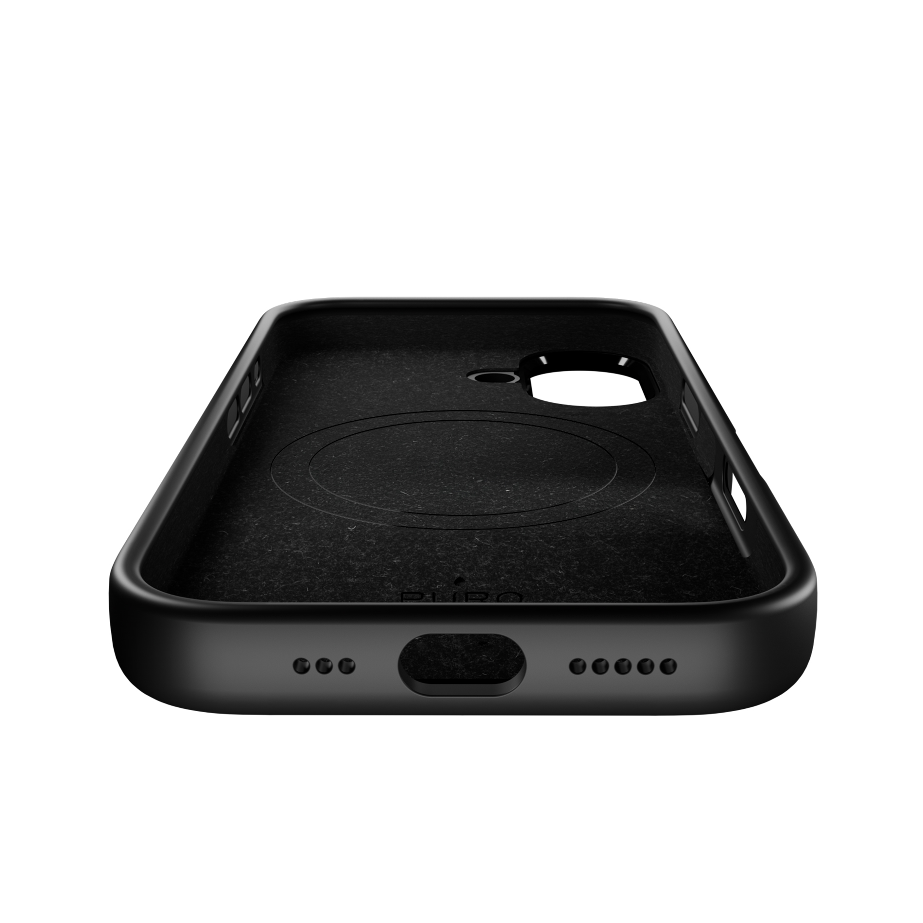 Custodia nera per telefono con ritagli per fotocamera e porte.