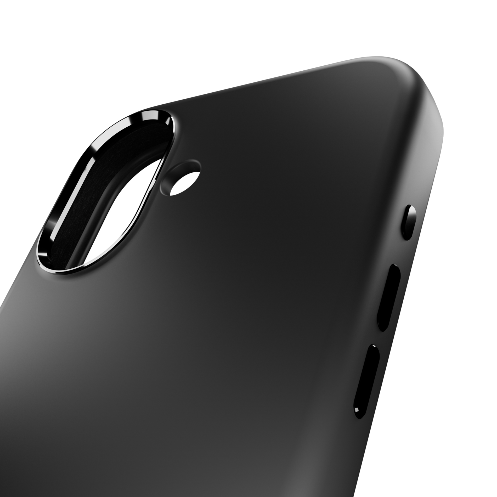 Custodia nera per telefono con ritagli per fotocamera e pulsanti.