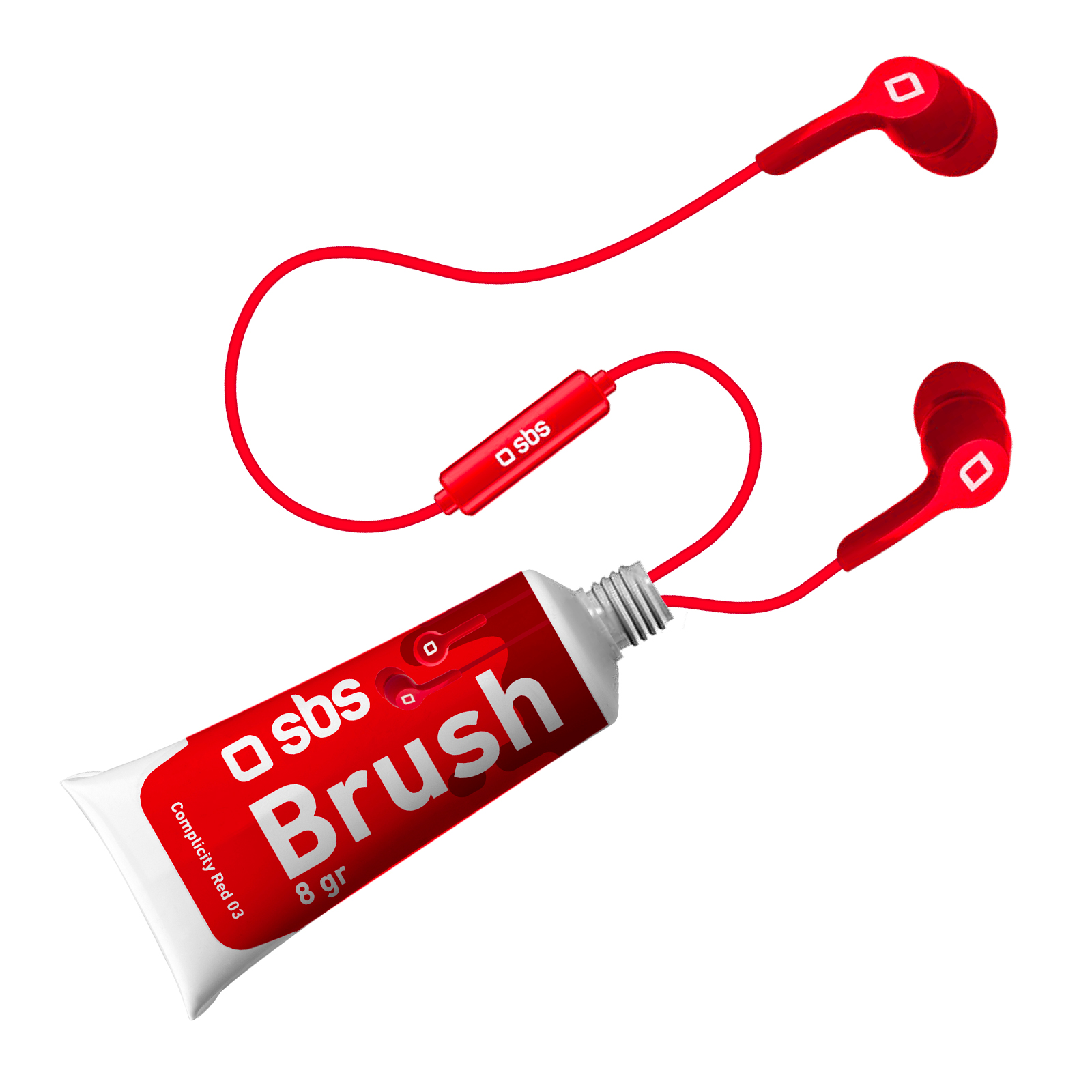 Auriculares rojos y un tubo rojo con la etiqueta "Brush".