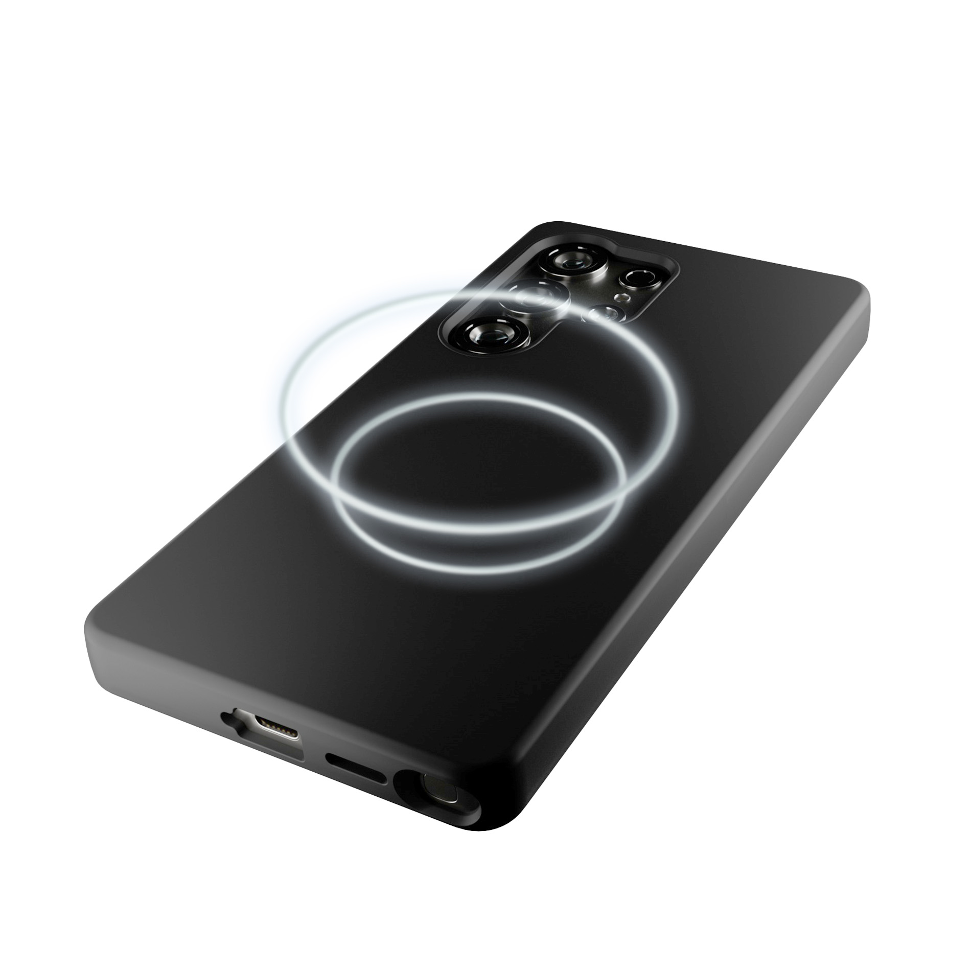 Smartphone nero con fotocamere e anelli luminosi su sfondo bianco.