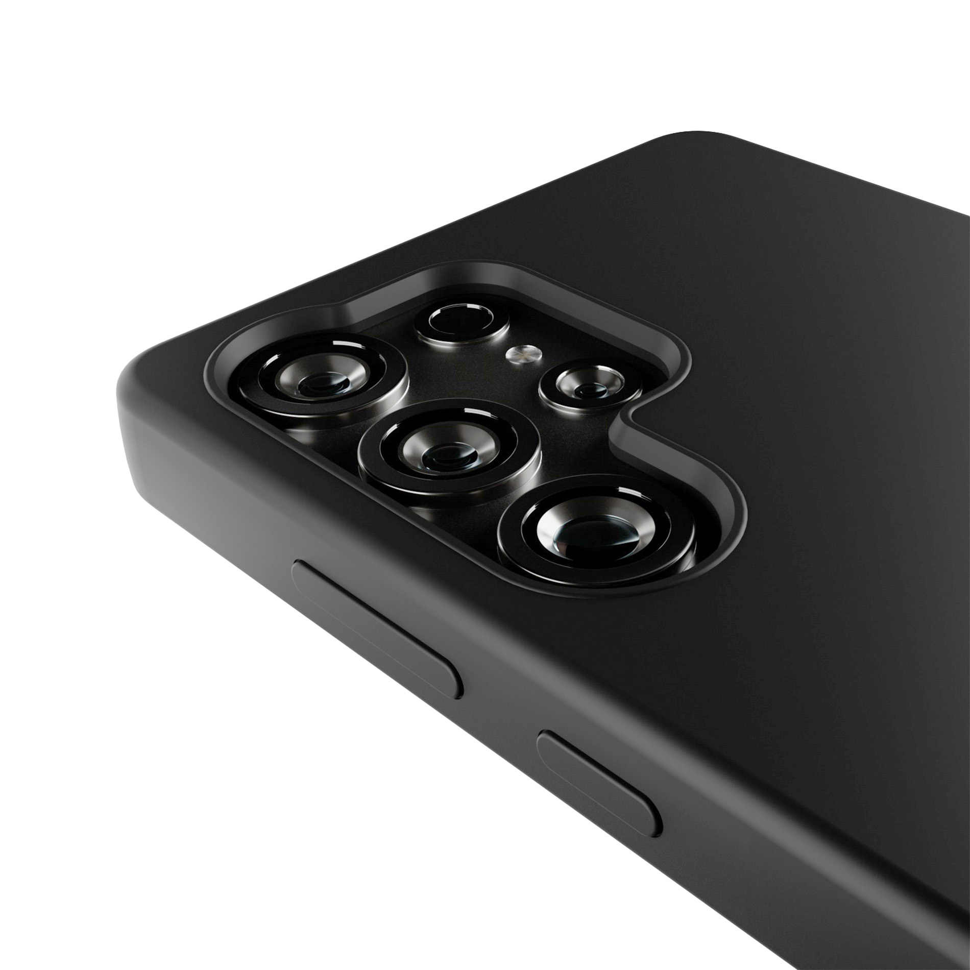 Primo piano del retro di un telefono nero con quattro obiettivi e flash.