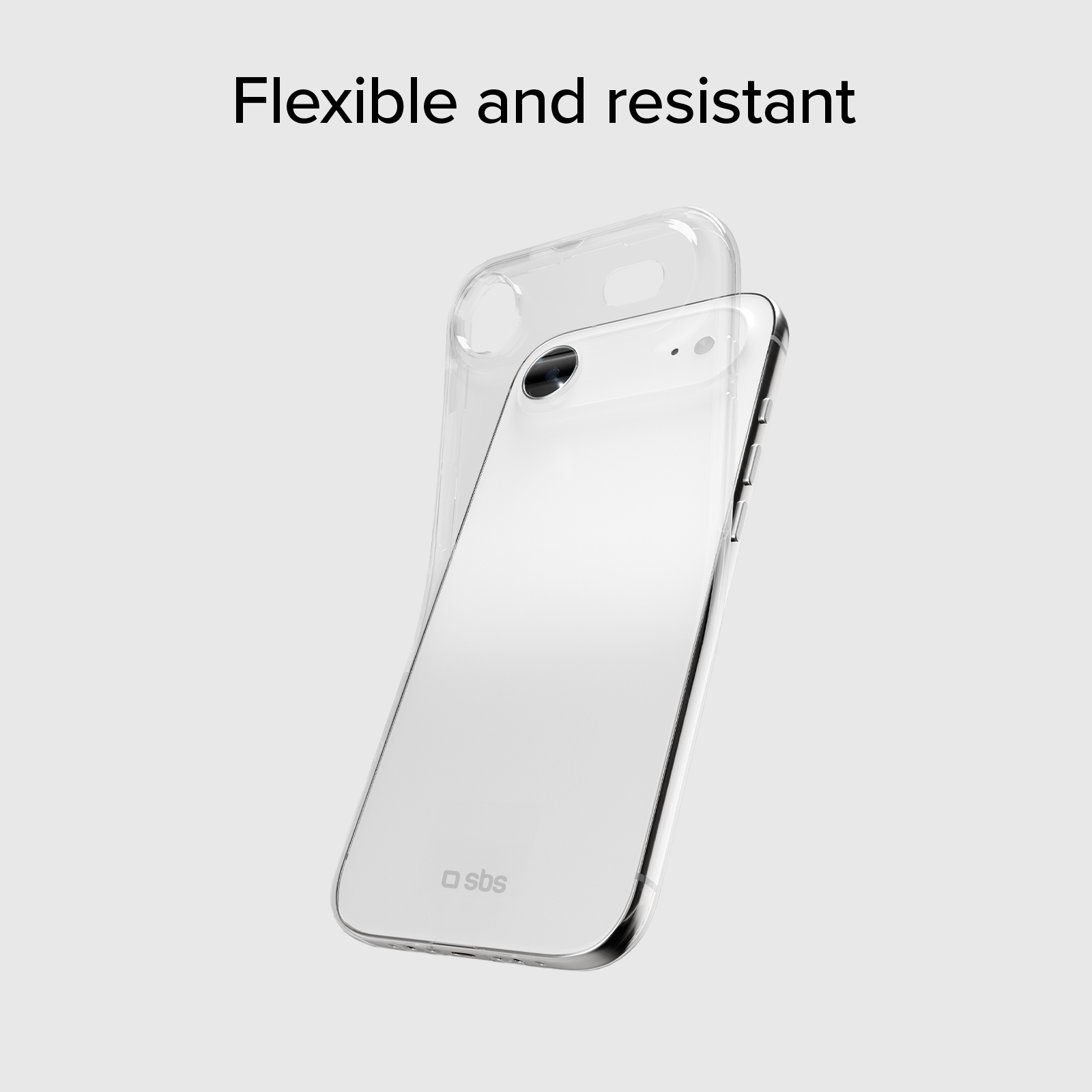 Przezroczyste etui na telefon leży na białym smartfonie. Widoczne logo SBS.