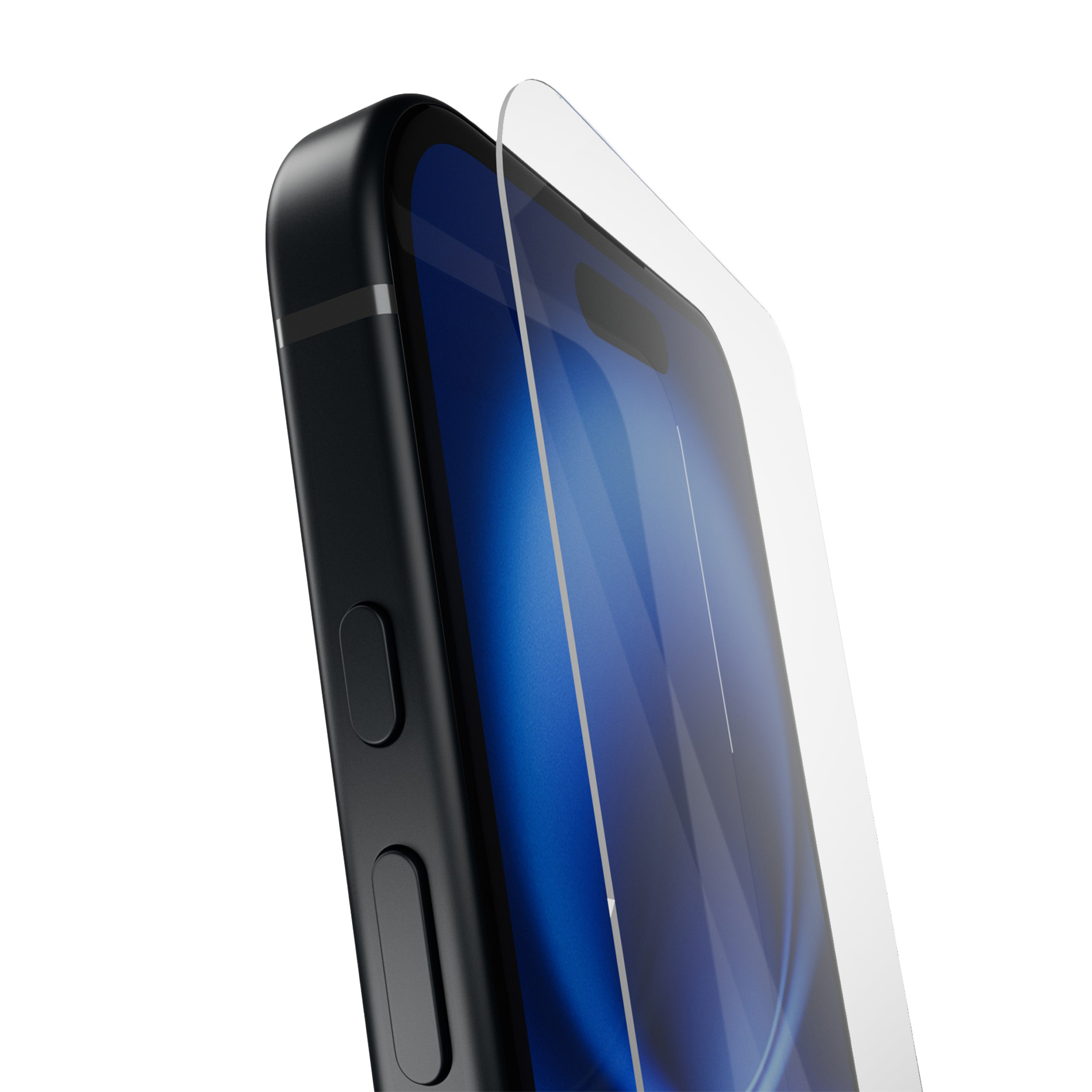 Primo piano di uno smartphone nero con protezione schermo applicata.