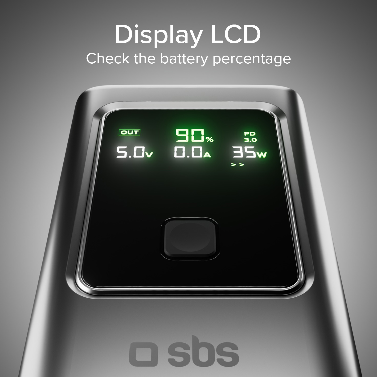 Un dispositivo argentato con schermo LCD illuminato che mostra il 90% di batteria.