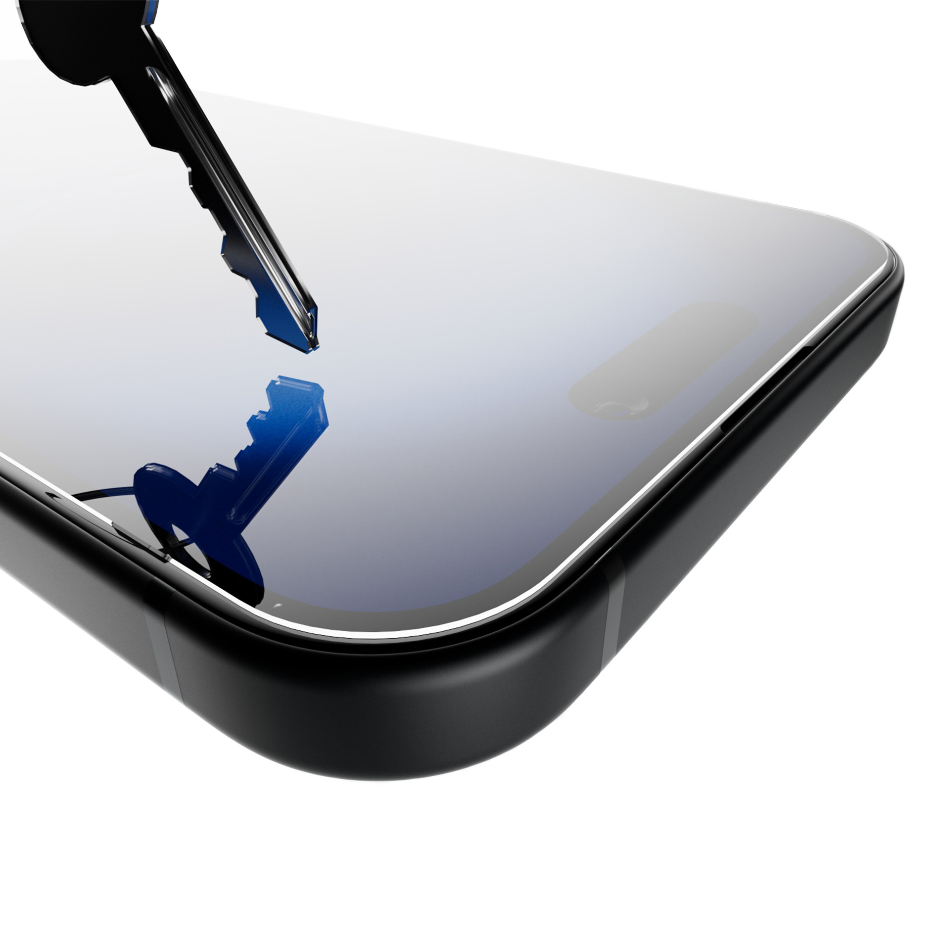 Una chiave nera con accenti blu poggia sullo schermo di uno smartphone.