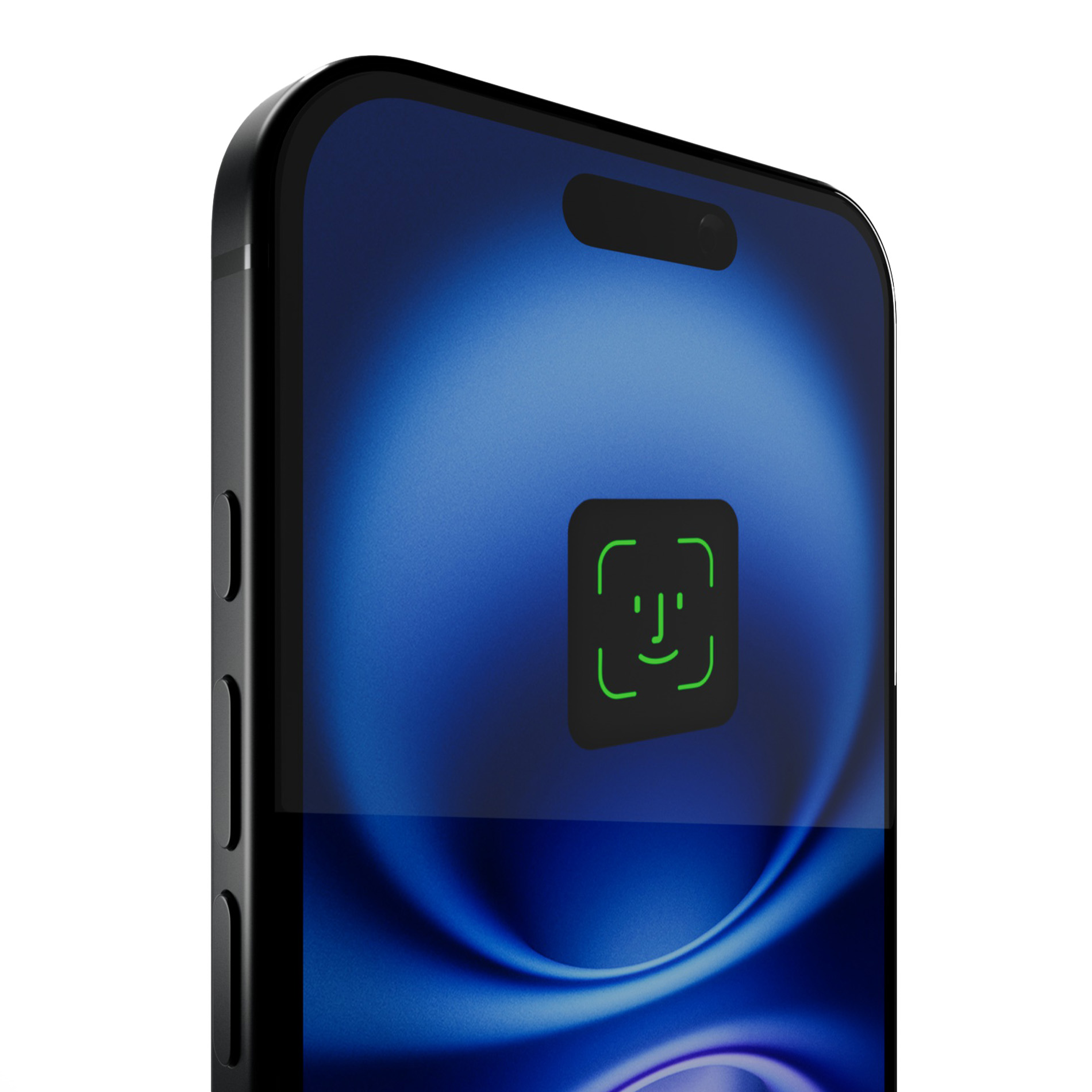 Uno smartphone visualizza un'icona verde di riconoscimento facciale su sfondo blu.