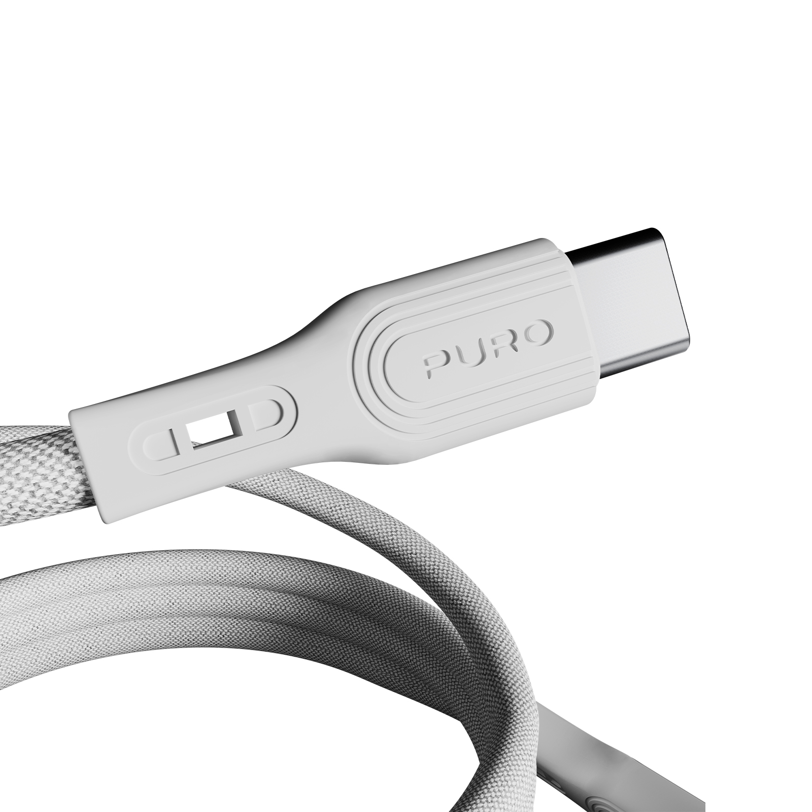 Un cavo USB-C bianco con treccia in tessuto e logo Puro.