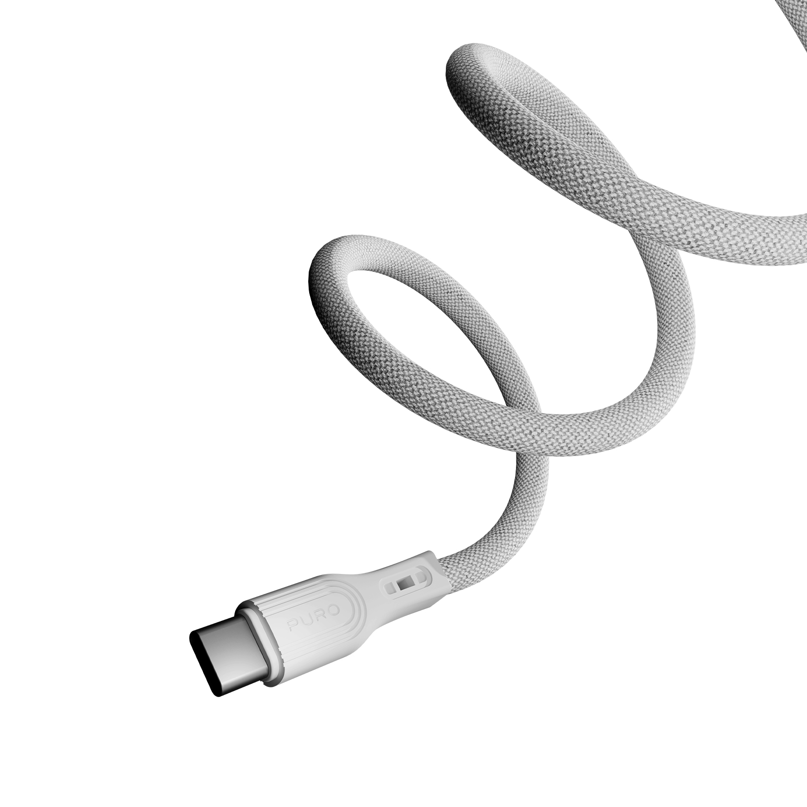 Un cavo USB-C bianco con copertura in tessuto grigio, curvato ad anelli.