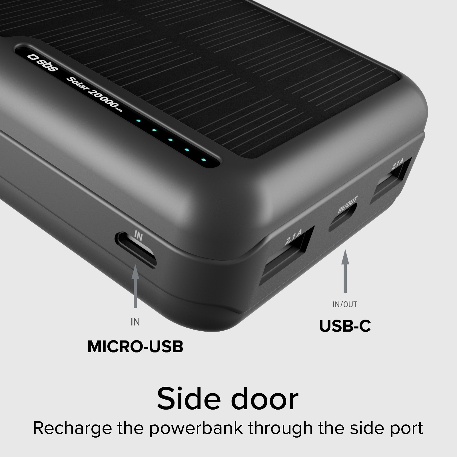 Power bank solare nero con porte Micro-USB, USB-C e 2.1A.