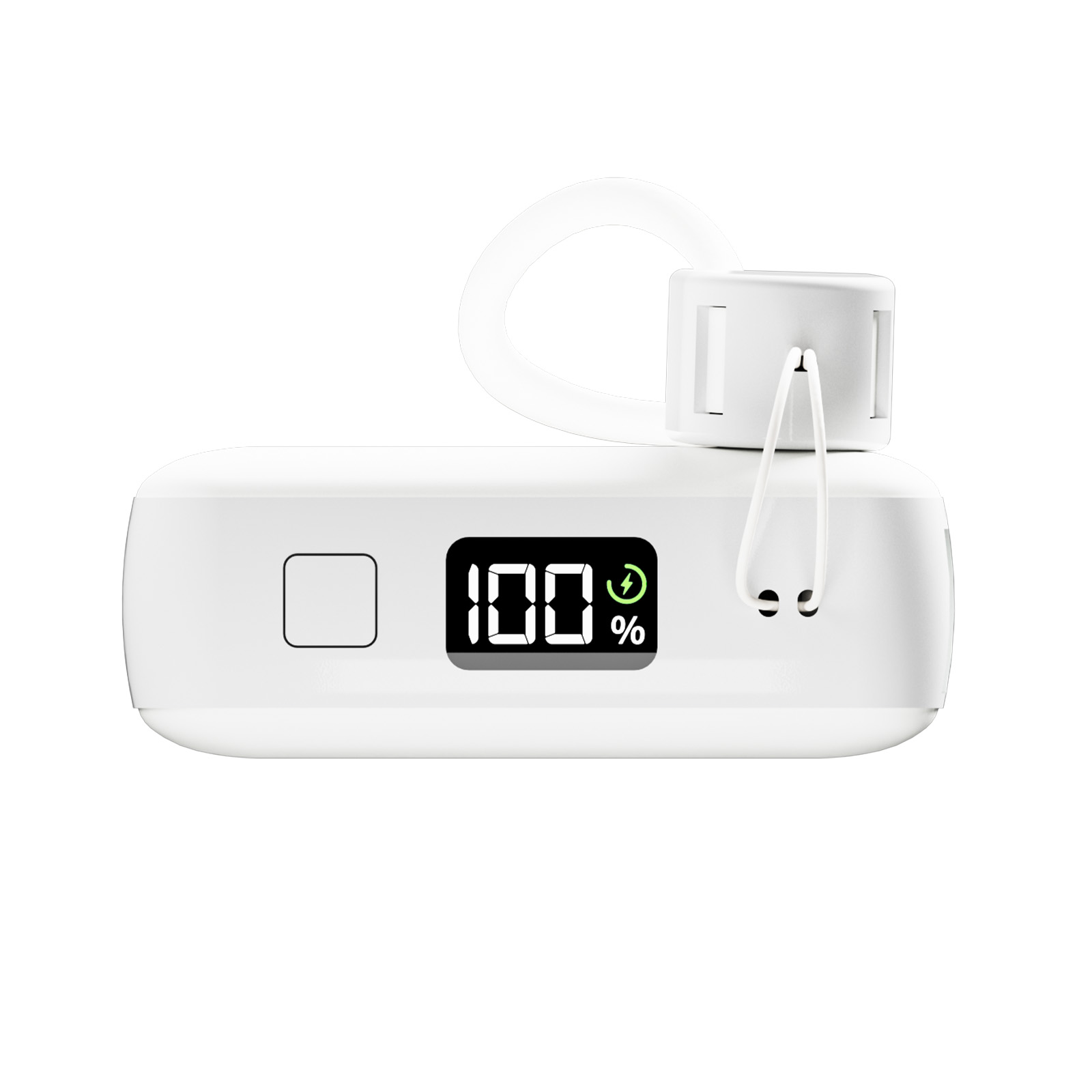 Un power bank bianco con display digitale che mostra 100% e un'icona di ricarica.