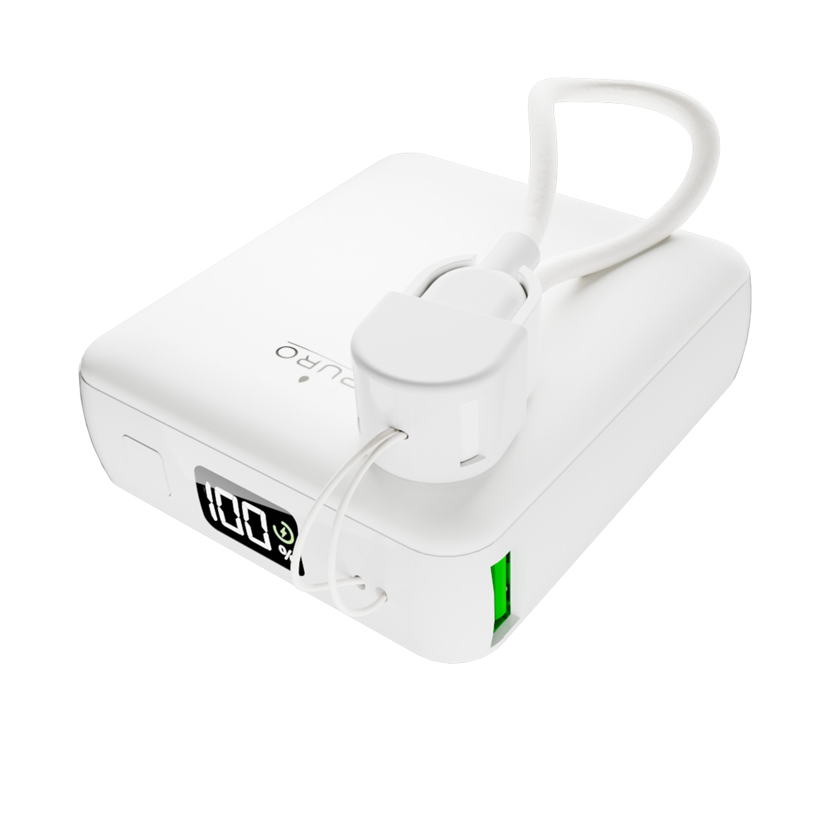 Un power bank bianco con indicatore batteria al 100% e cavo bianco.