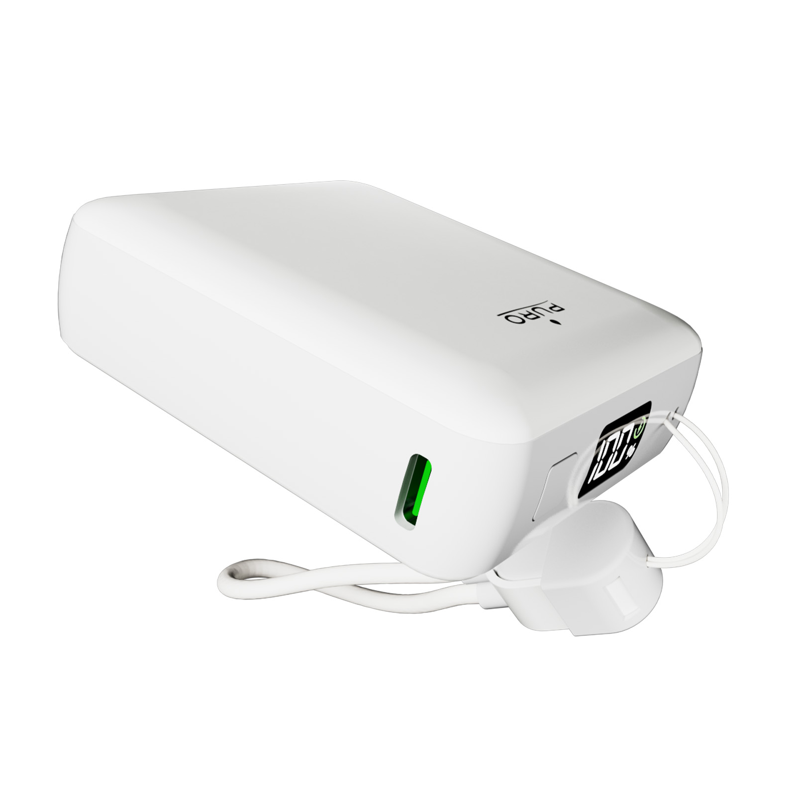 Un power bank bianco Puro con display digitale che mostra il 100%.