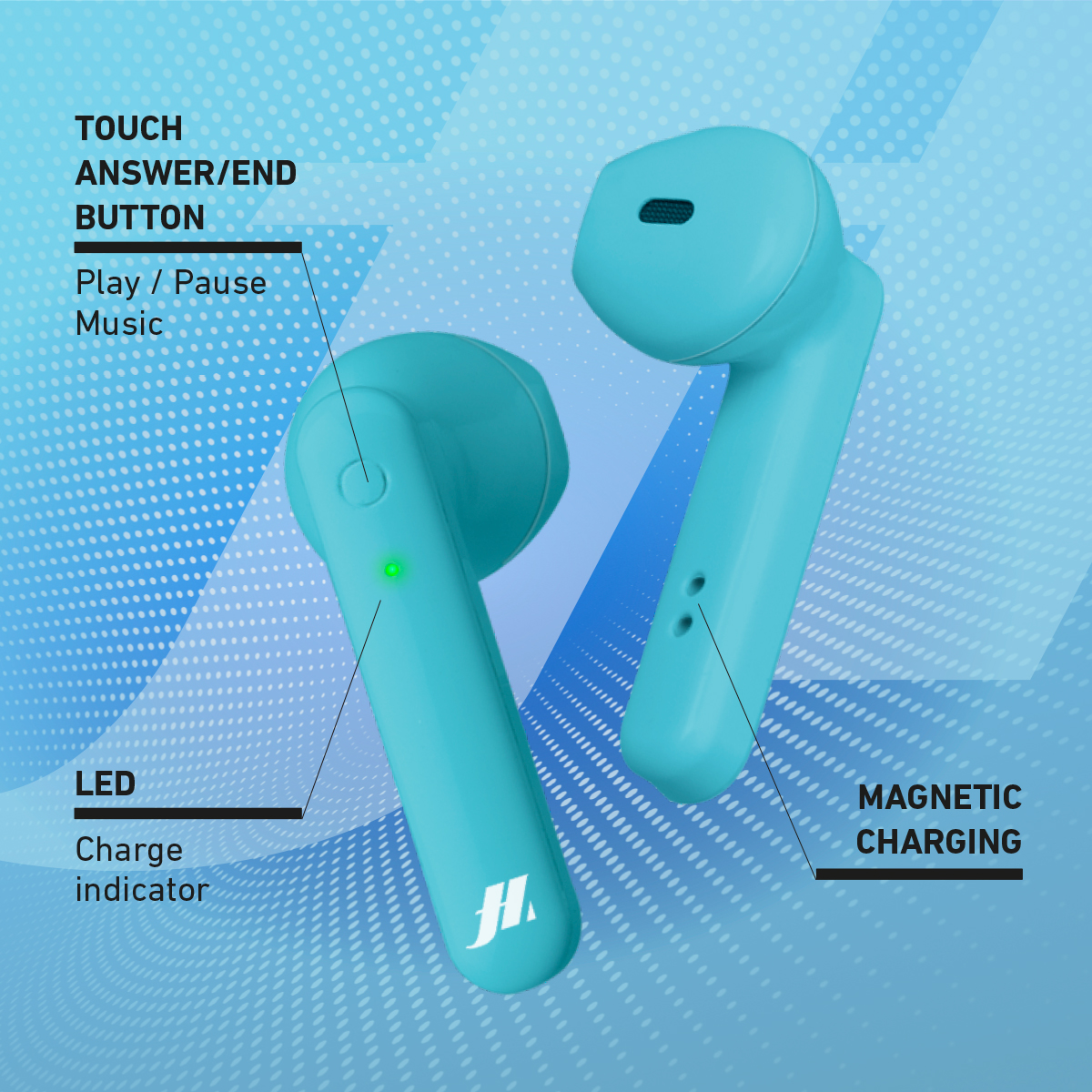 Due auricolari turchesi su sfondo blu punteggiato, con controlli touch.