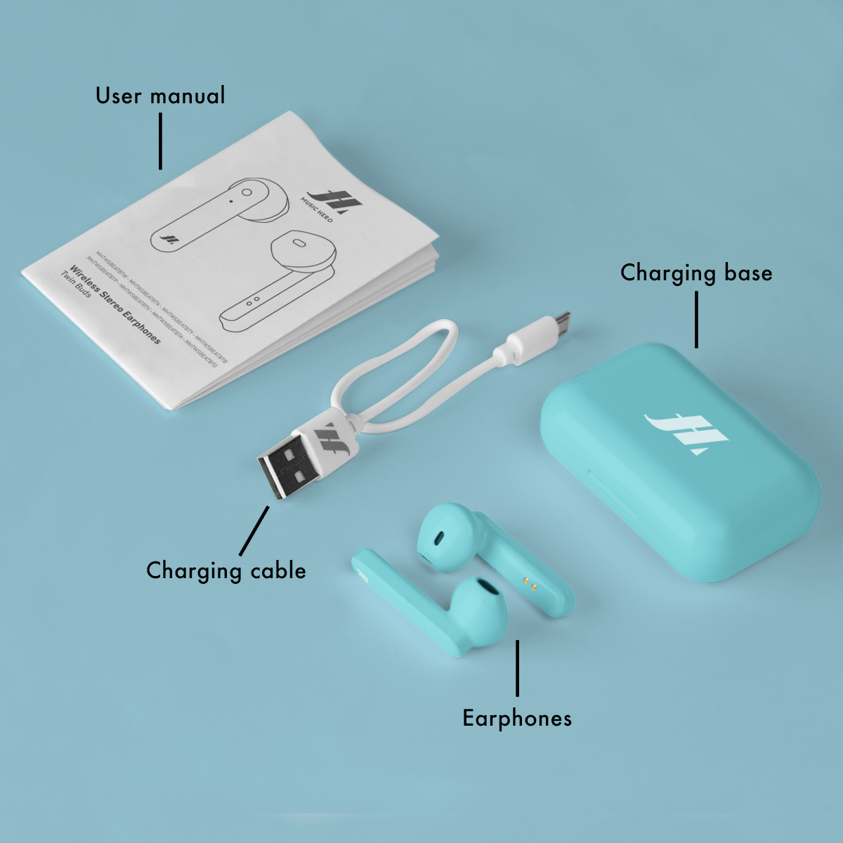 Auricolari wireless verde acqua con custodia di ricarica, cavo e manuale su sfondo blu.