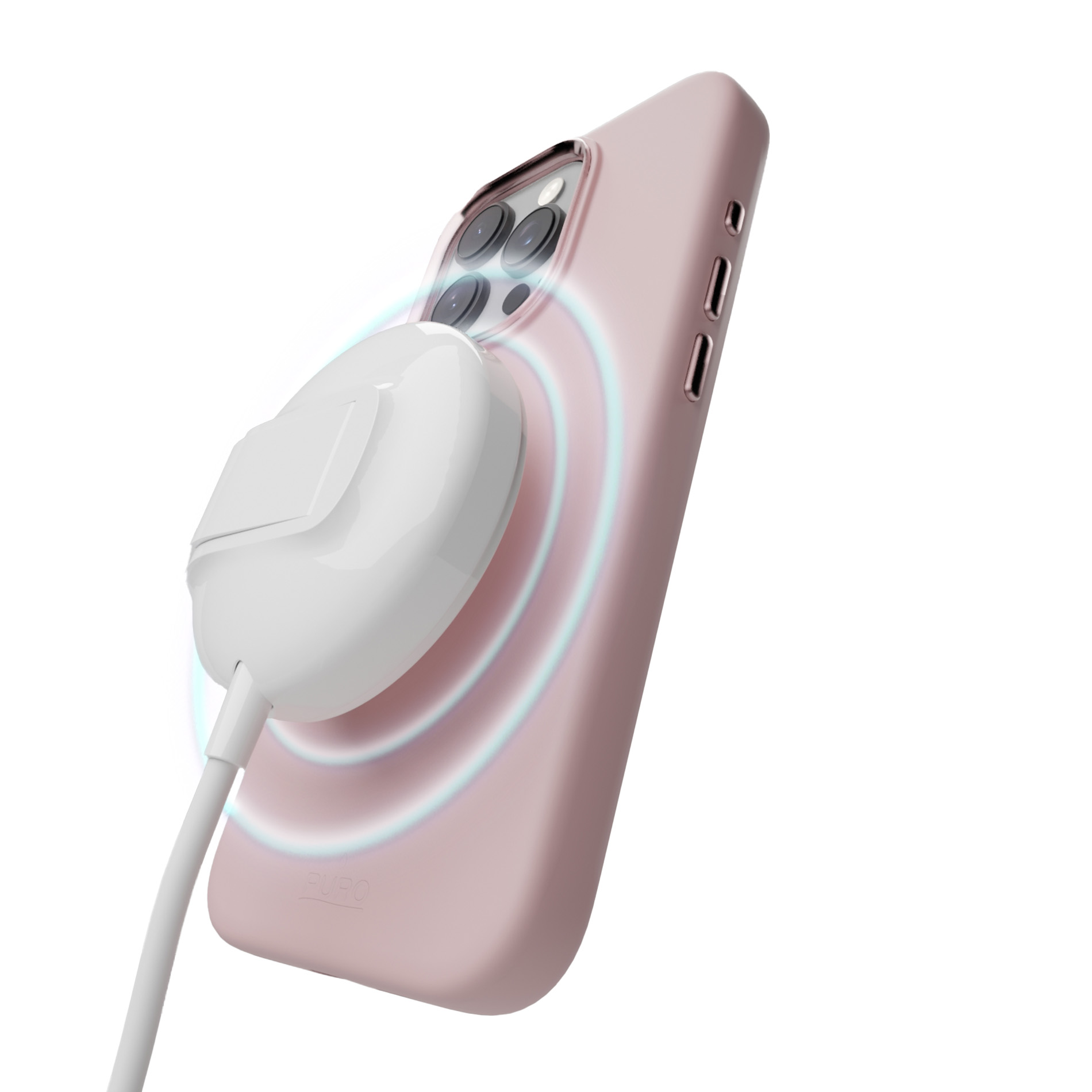 Una cover rosa per telefono con un caricatore magnetico bianco attaccato.