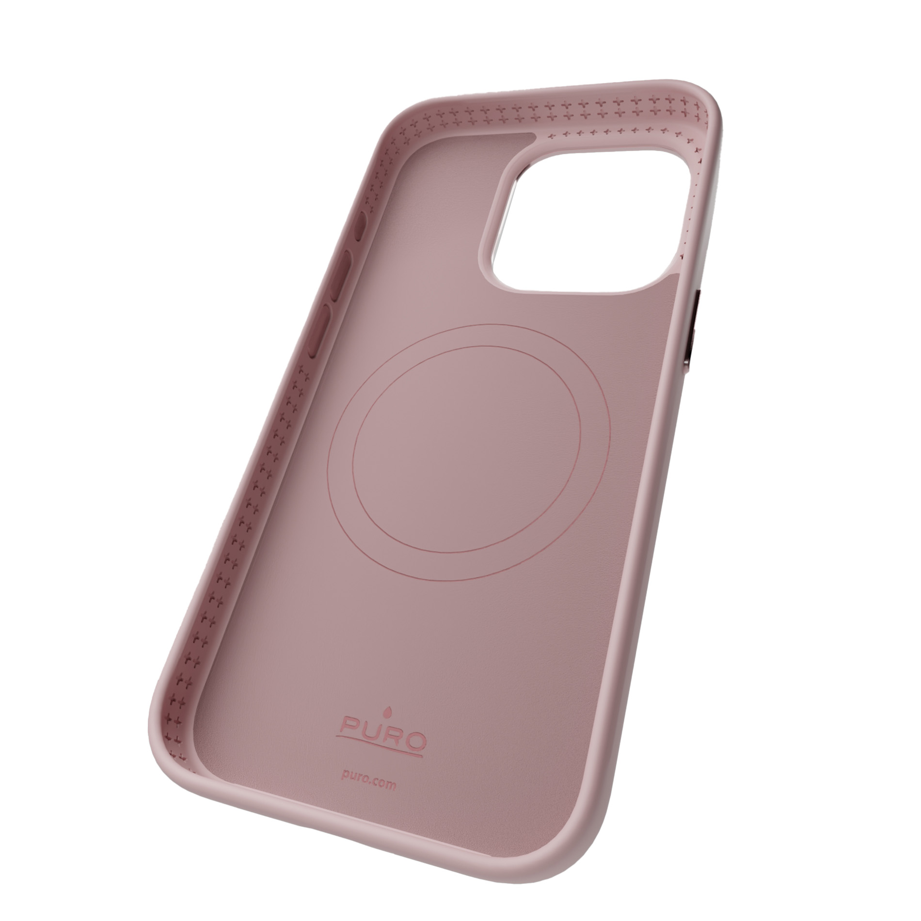 Una custodia rosa per telefono con logo Puro e incisione circolare.