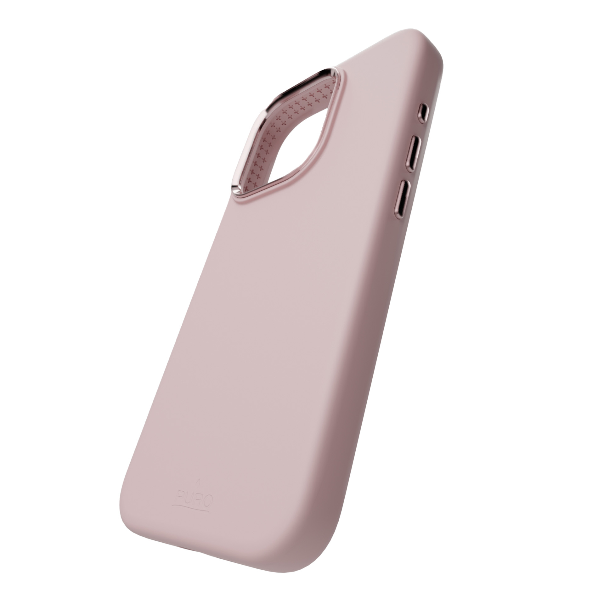 Una cover per telefono rosa polvere con accenti e pulsanti argentati.