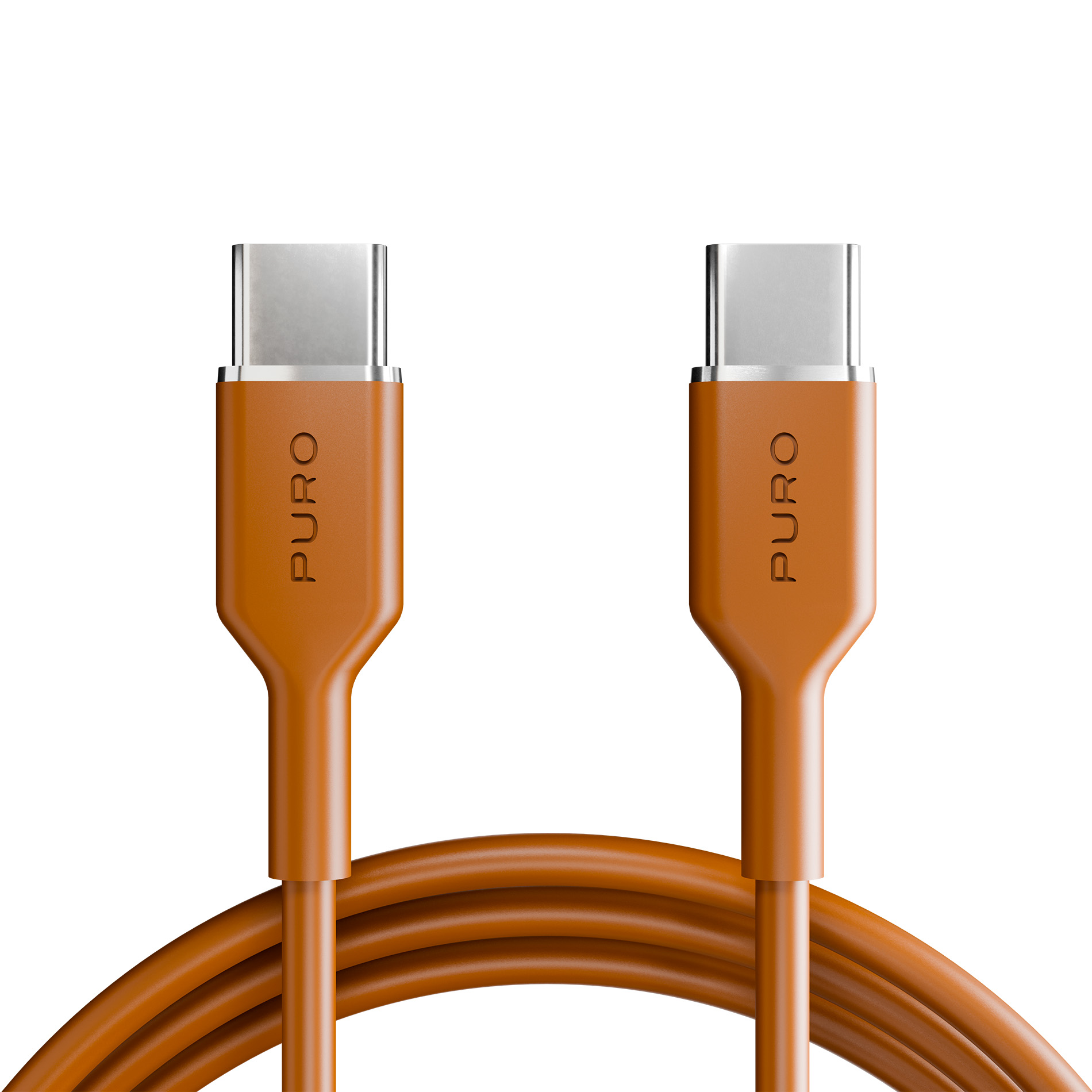 Due cavi USB-C arancioni con connettori argentati giacciono fianco a fianco.
