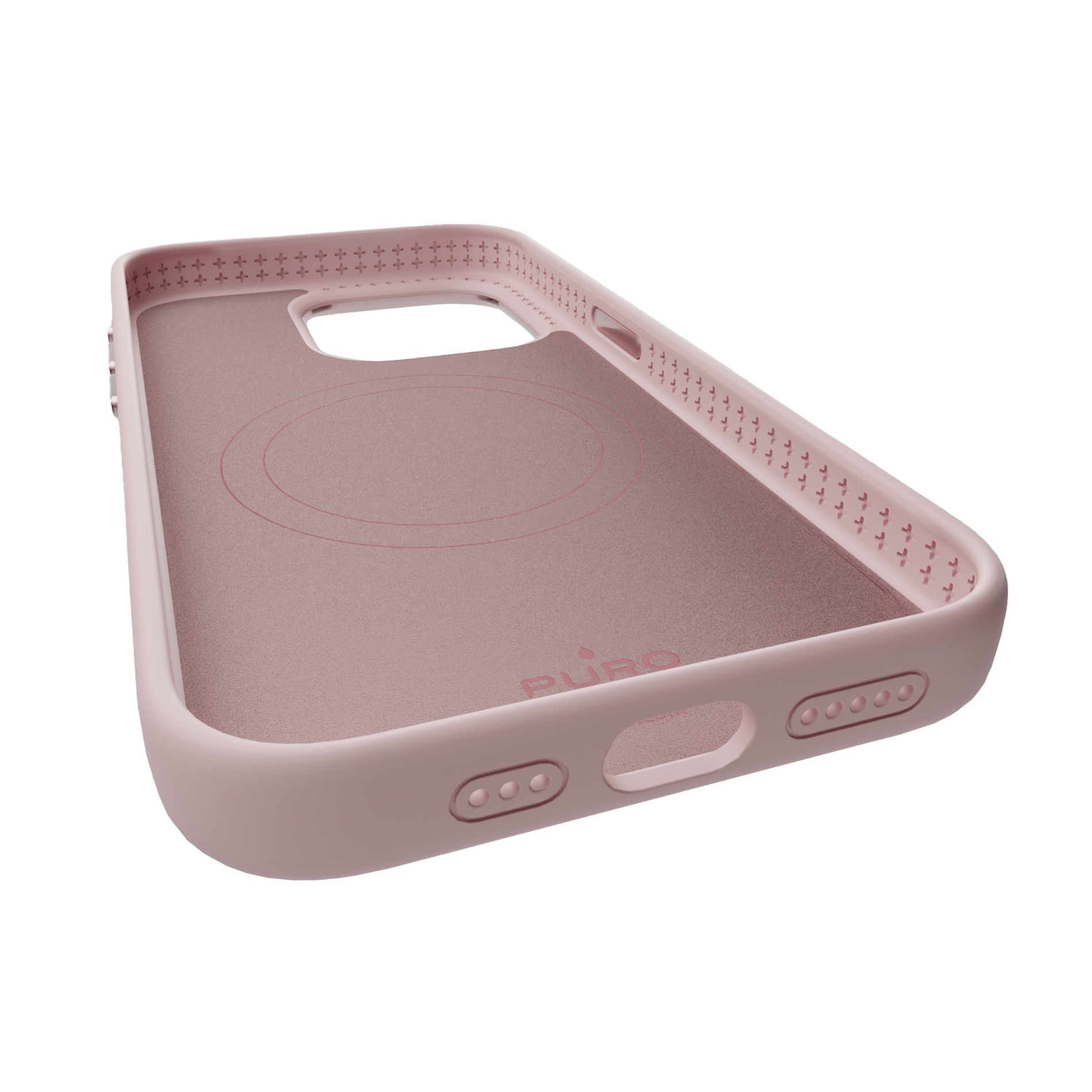 Una custodia per telefono rosa con motivo traforato e ritagli per pulsanti.