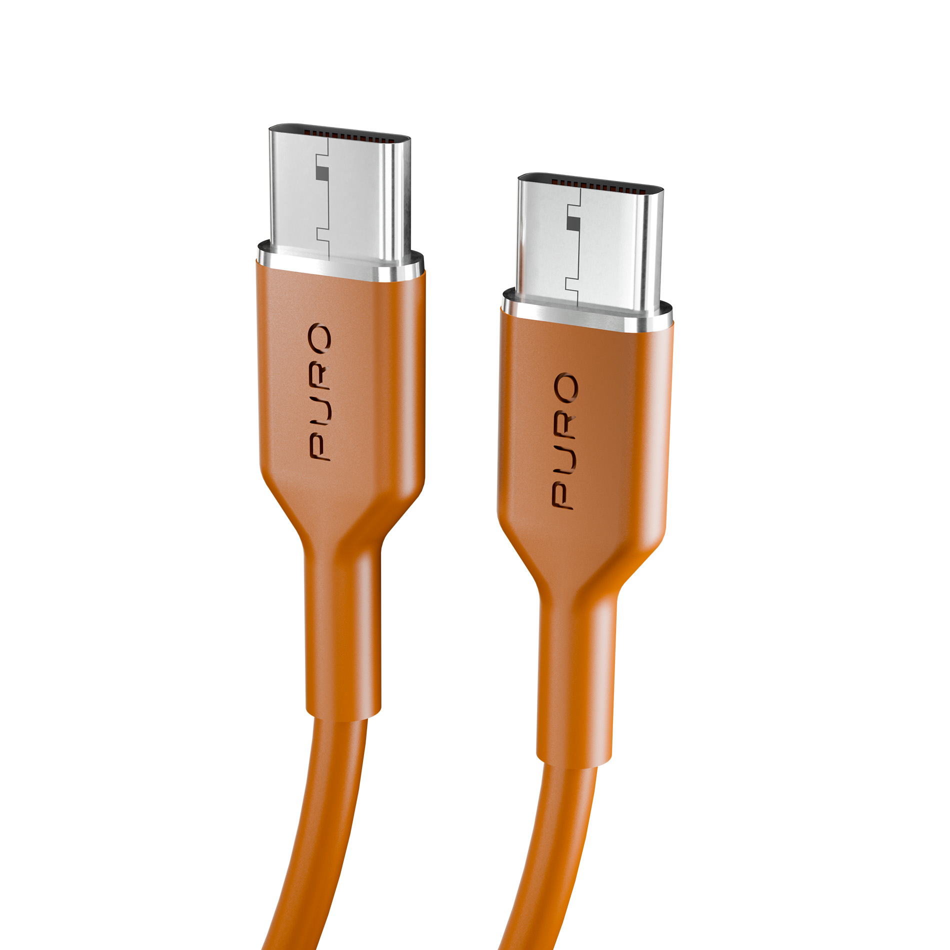 Due cavi USB-C arancioni con connettori argentati su sfondo bianco.