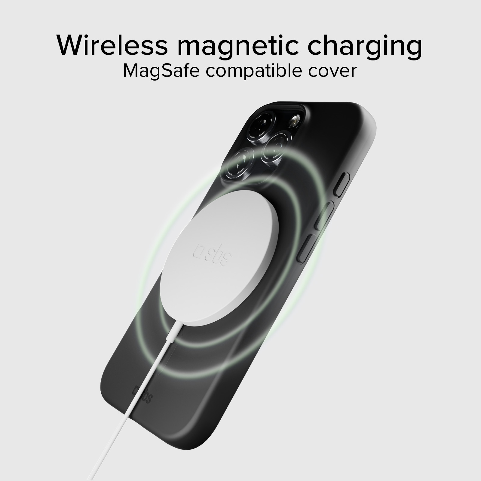 Custodia nera per telefono con caricabatterie MagSafe bianco e cavo.