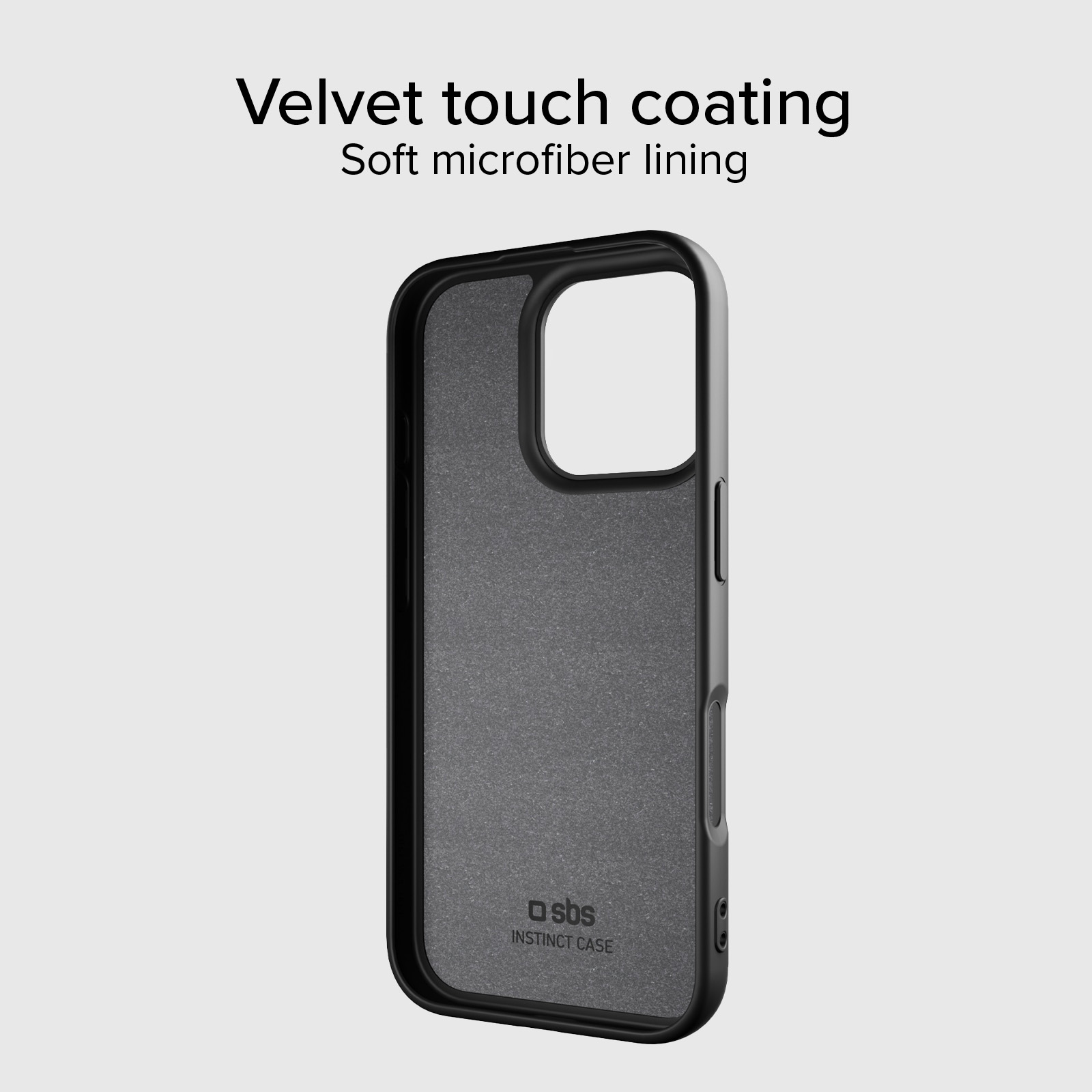 Custodia nera per telefono con fodera in velluto e foro fotocamera.