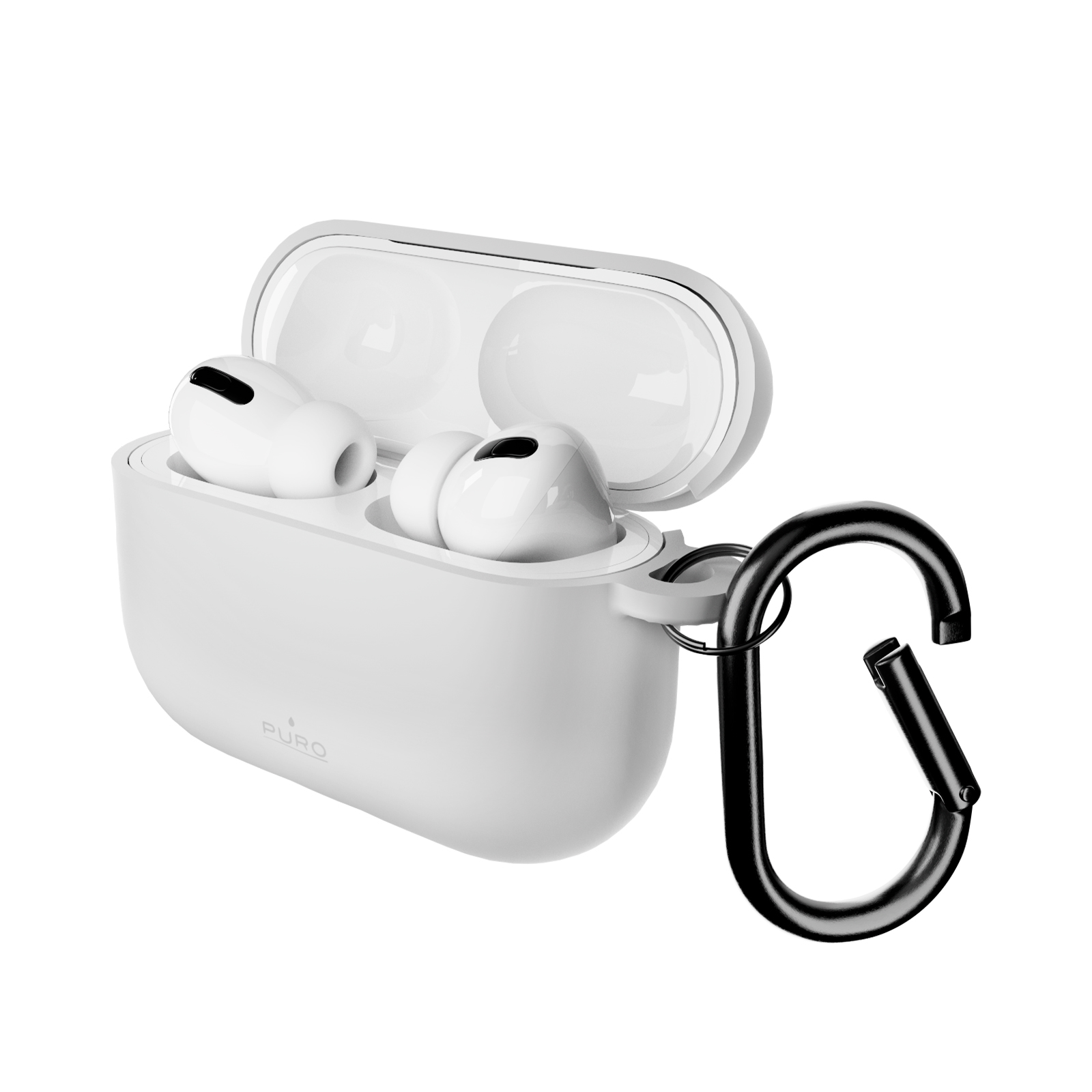 Auriculares blancos en un estuche gris claro abierto con clip de mosquetón negro.