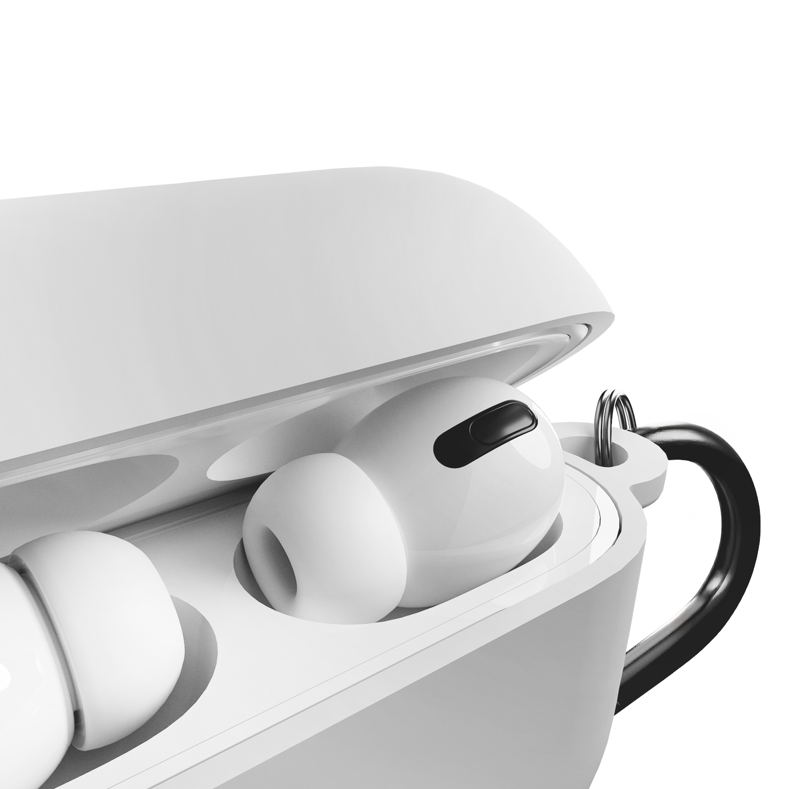 Auriculares blancos en un estuche de carga blanco con anillo negro